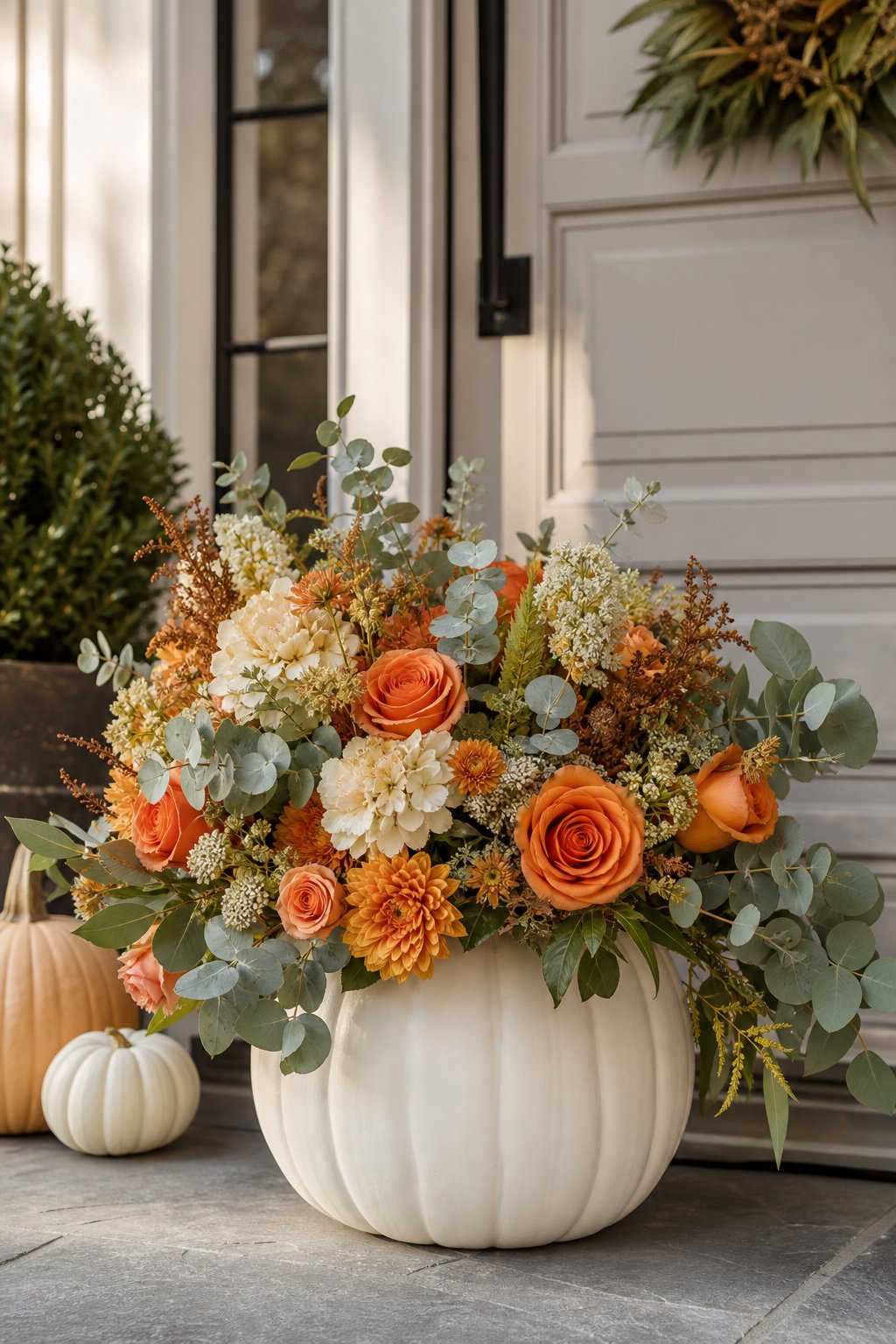 A white pumpkin centerpiece filled with orange roses and eucalyptus sits by a front door.
