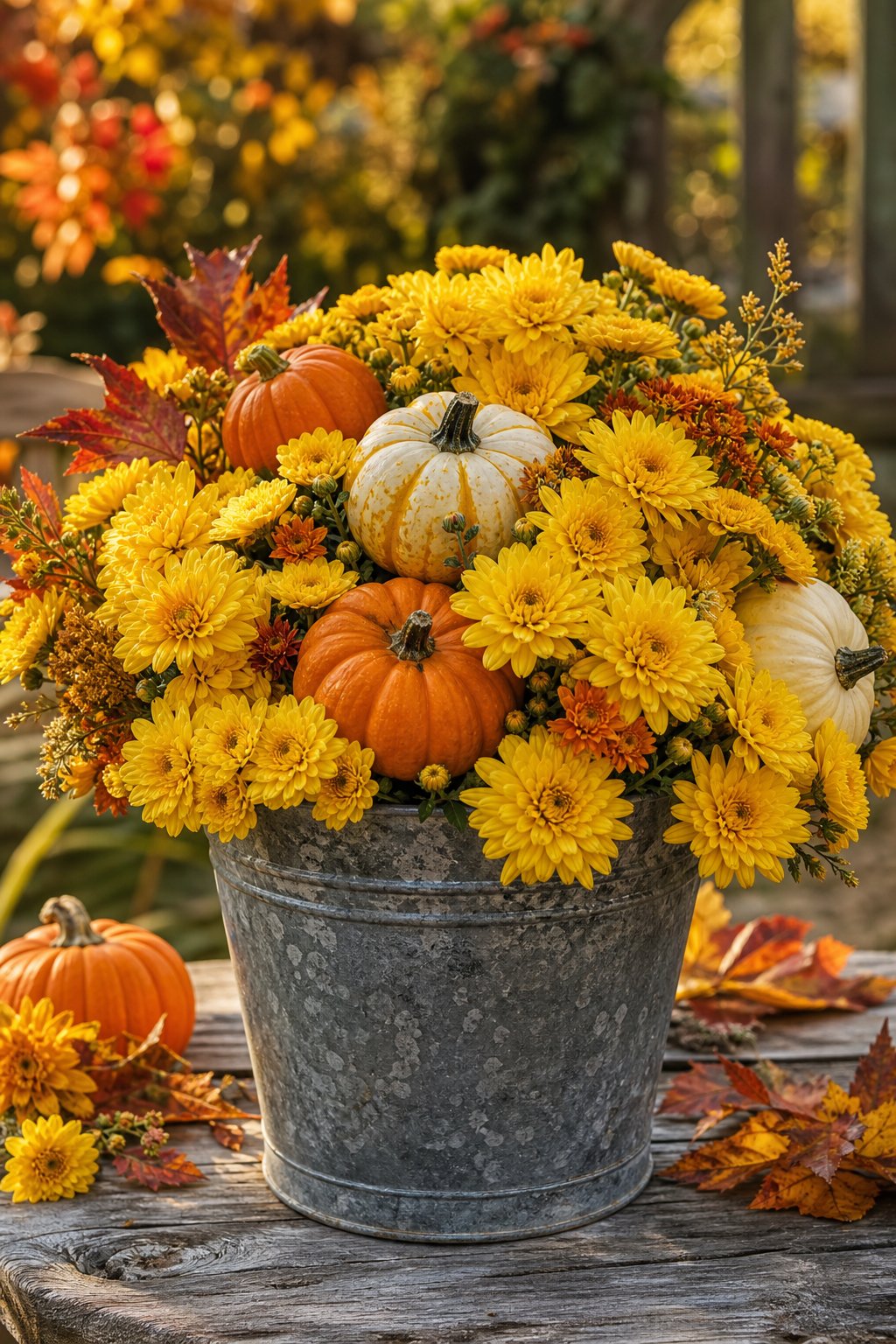 A galvanized bucket filled with golden chrysanthemums and small pumpkins.