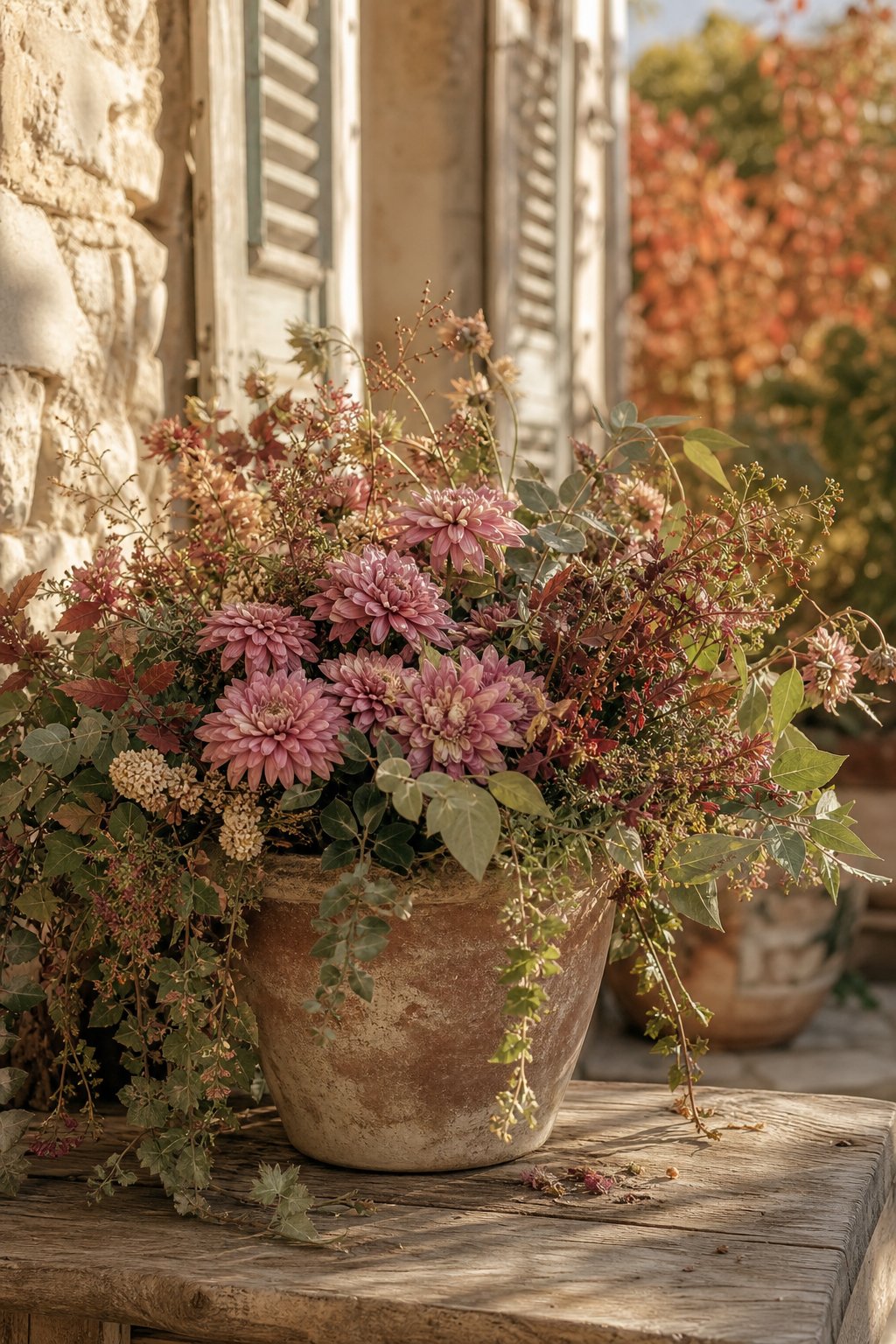 A rustic planter filled with mauve chrysanthemums and autumn greenery on a wooden table.