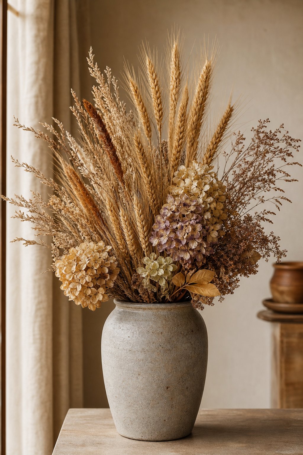 A fall arrangement of golden wheat stalks and dried hydrangea flowers in a stoneware crock.