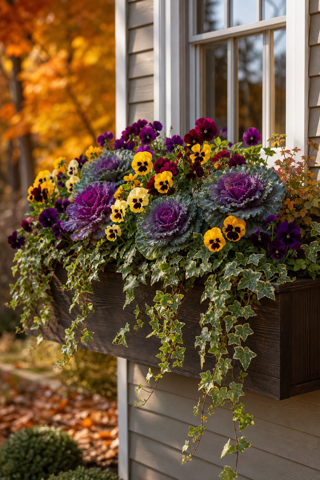 A fall window box filled with pansies, ornamental kale, and trailing ivy.