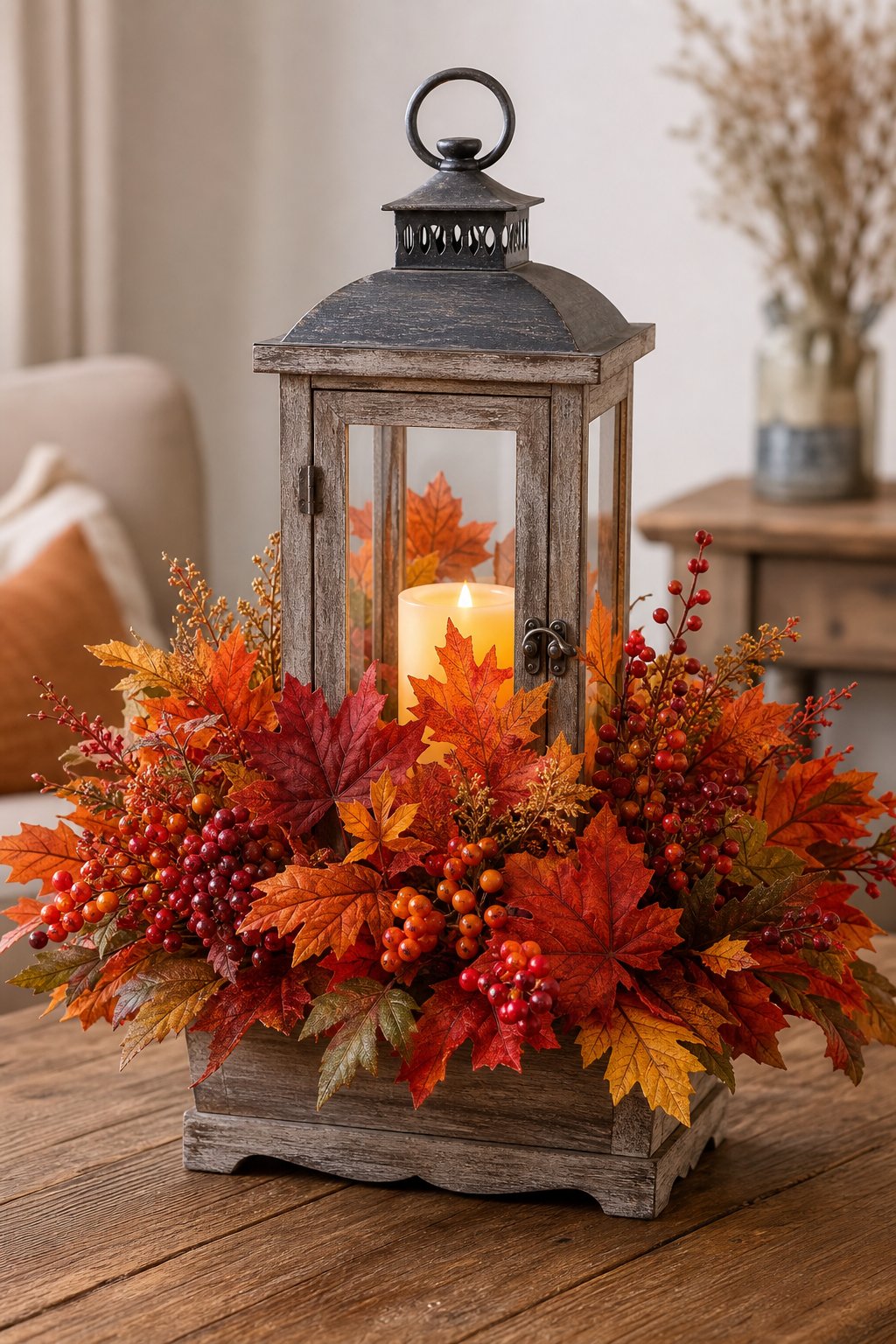 A rustic lantern planter with a glowing LED candle, autumn maple leaves, and colorful faux berries.