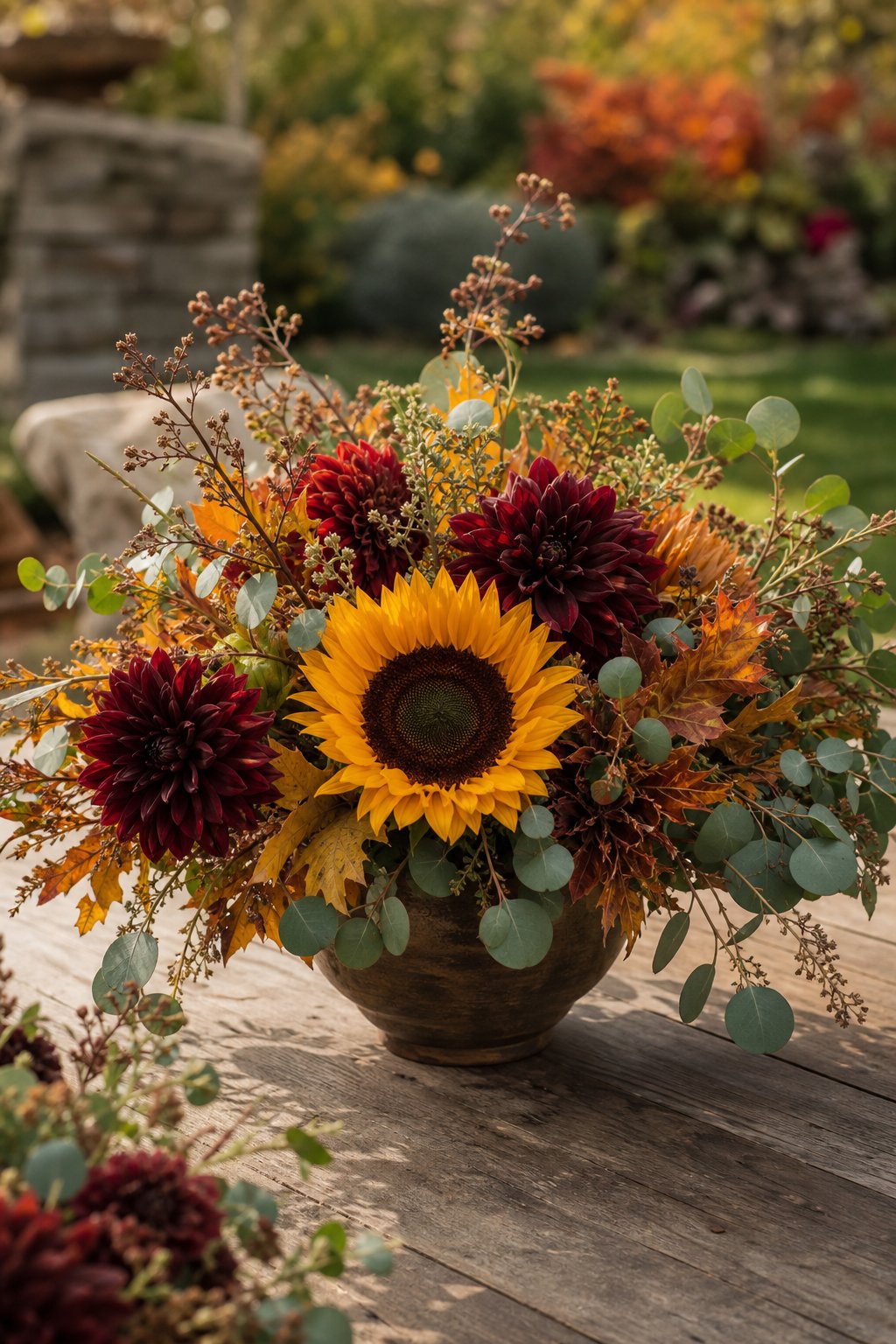 A fall floral arrangement of a sunflower, burgundy dahlias, and seeded eucalyptus on a garden table.
