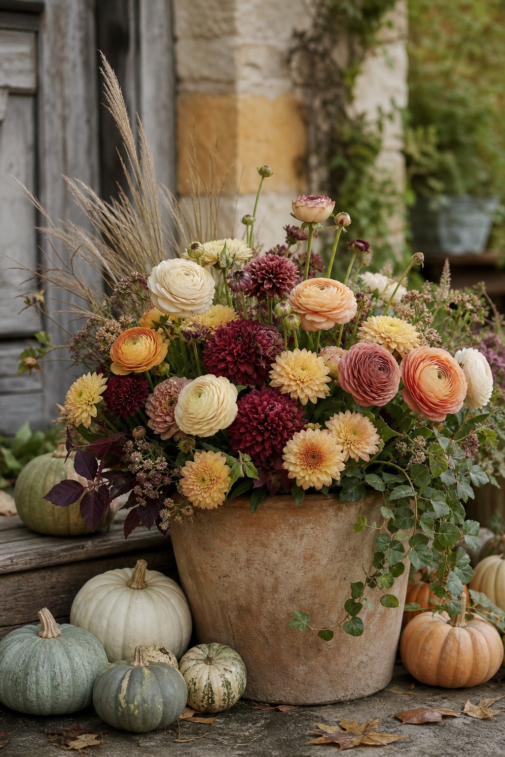 A cottage-style planter filled with autumn flowers, greenery, and muted pumpkins.