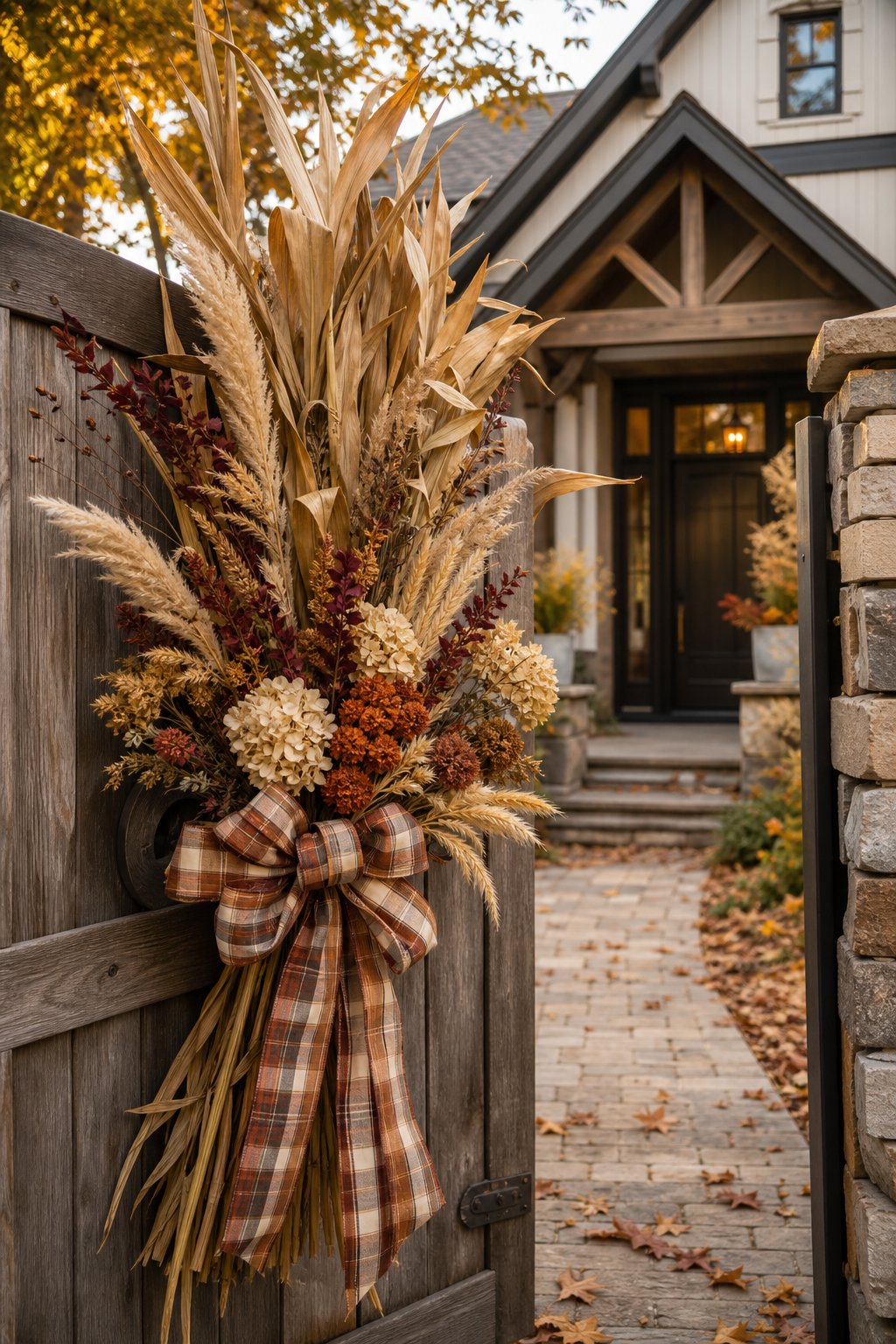 A bundle of dried cornstalks and autumn flowers tied with a plaid ribbon beside a front gate.