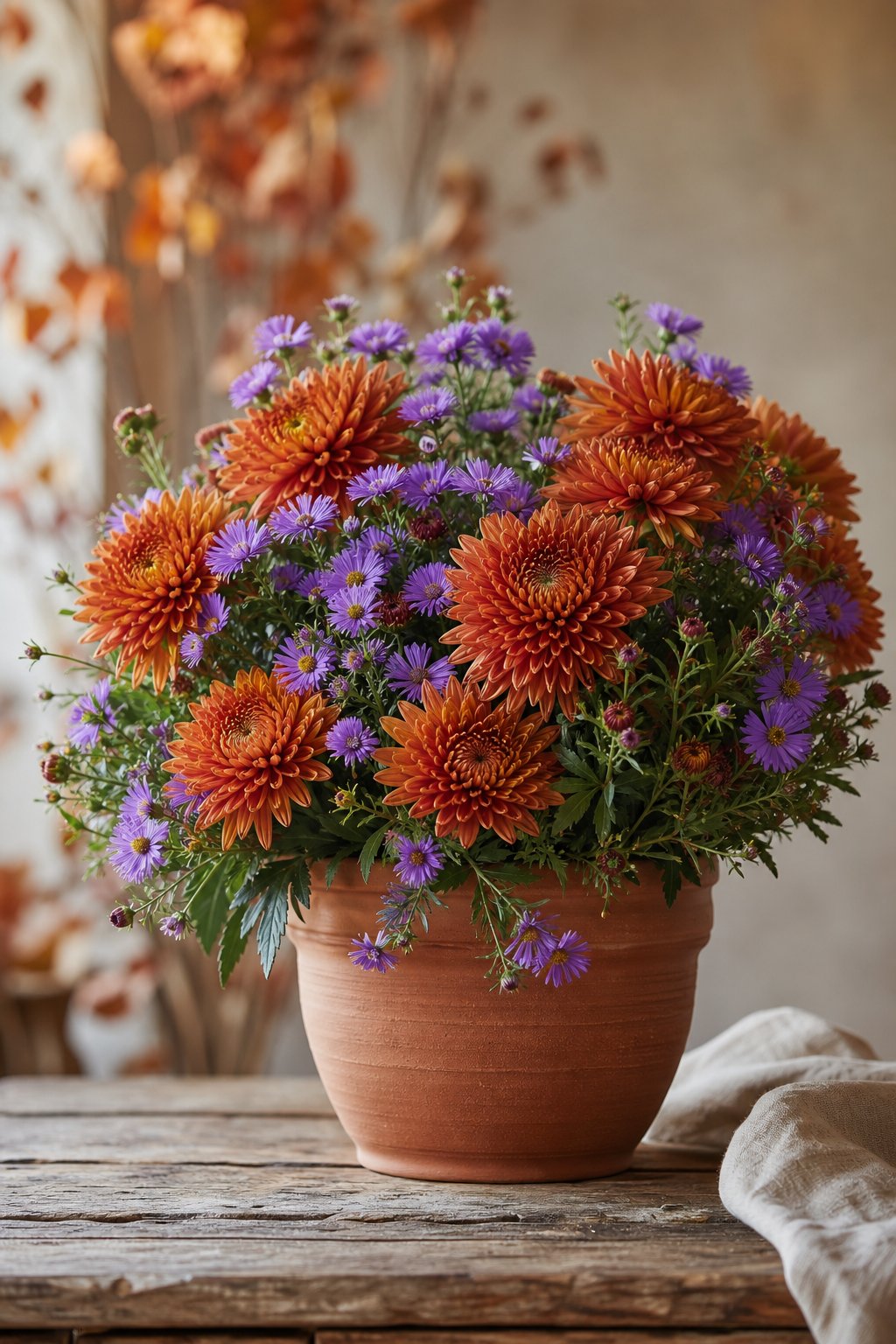 A terracotta pot filled with copper chrysanthemums and purple asters.