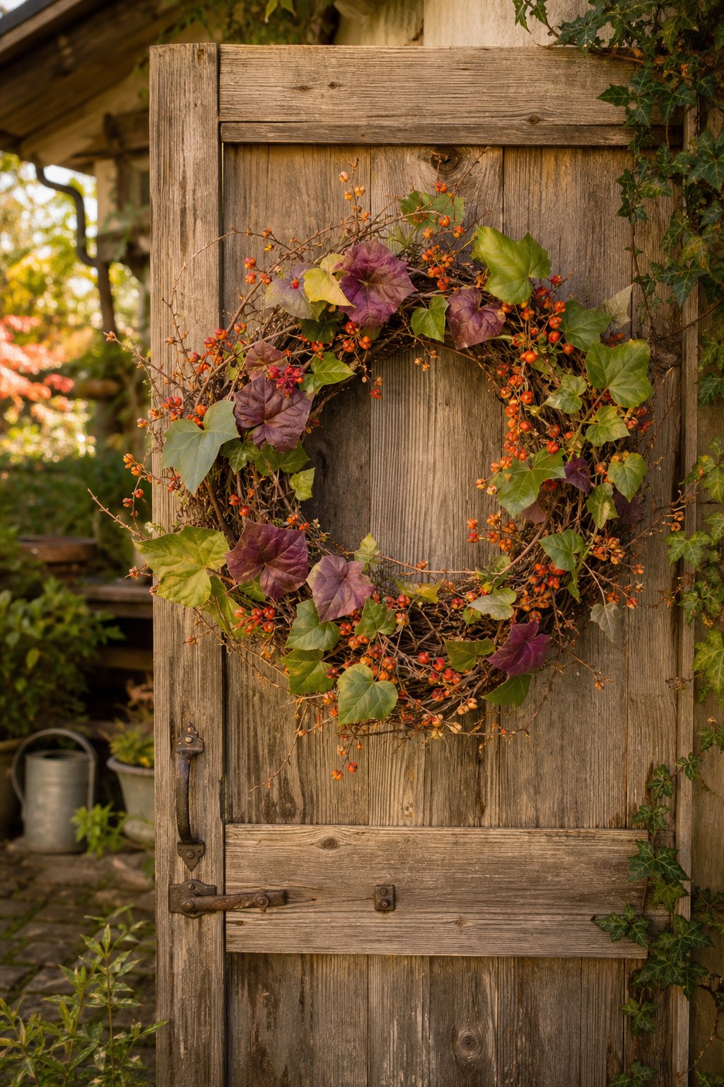 An autumn wreath of faux morning glory vines and bittersweet berries hangs on a garden shed door.