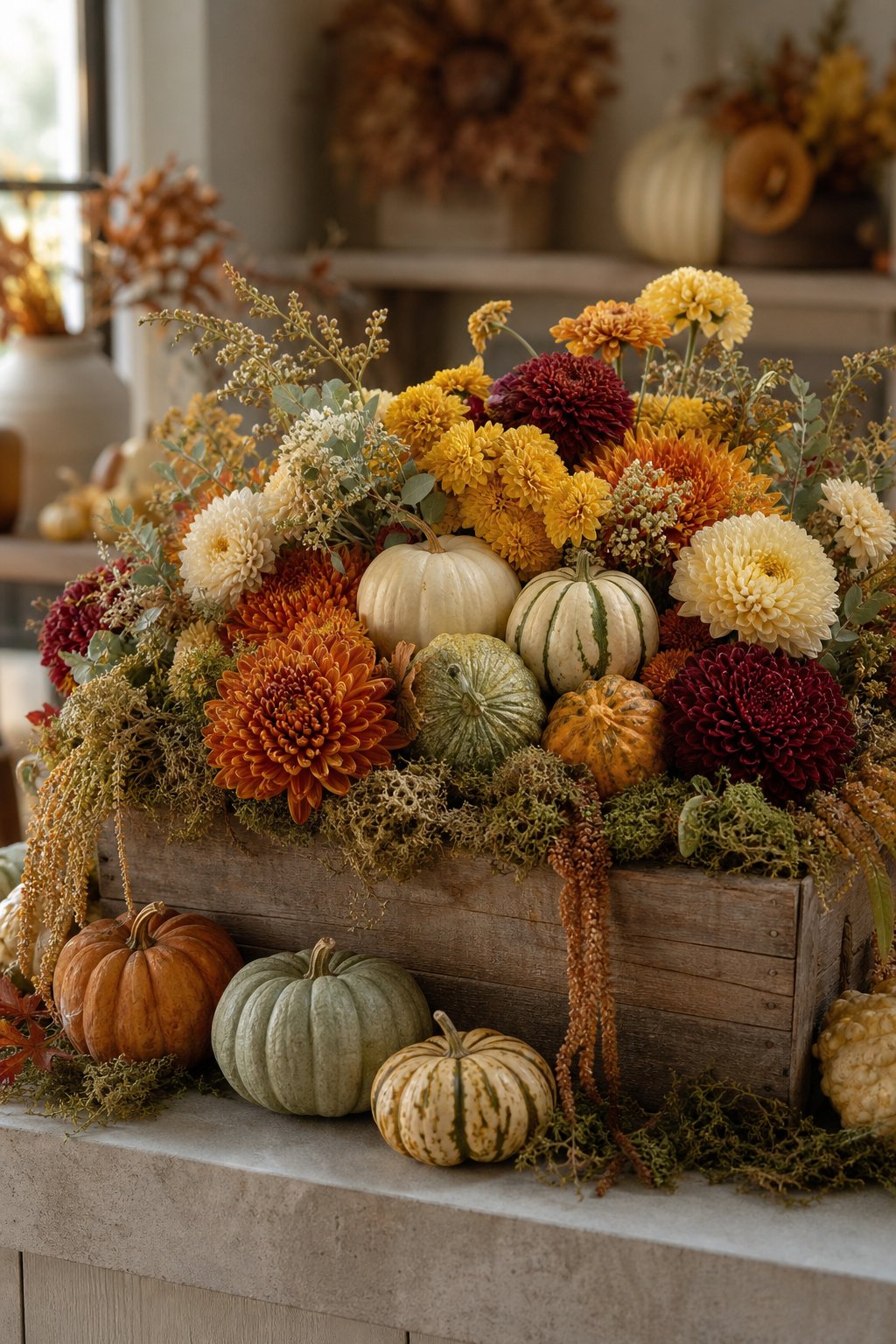 A wooden crate filled with colorful chrysanthemums, autumn gourds, and preserved moss.
