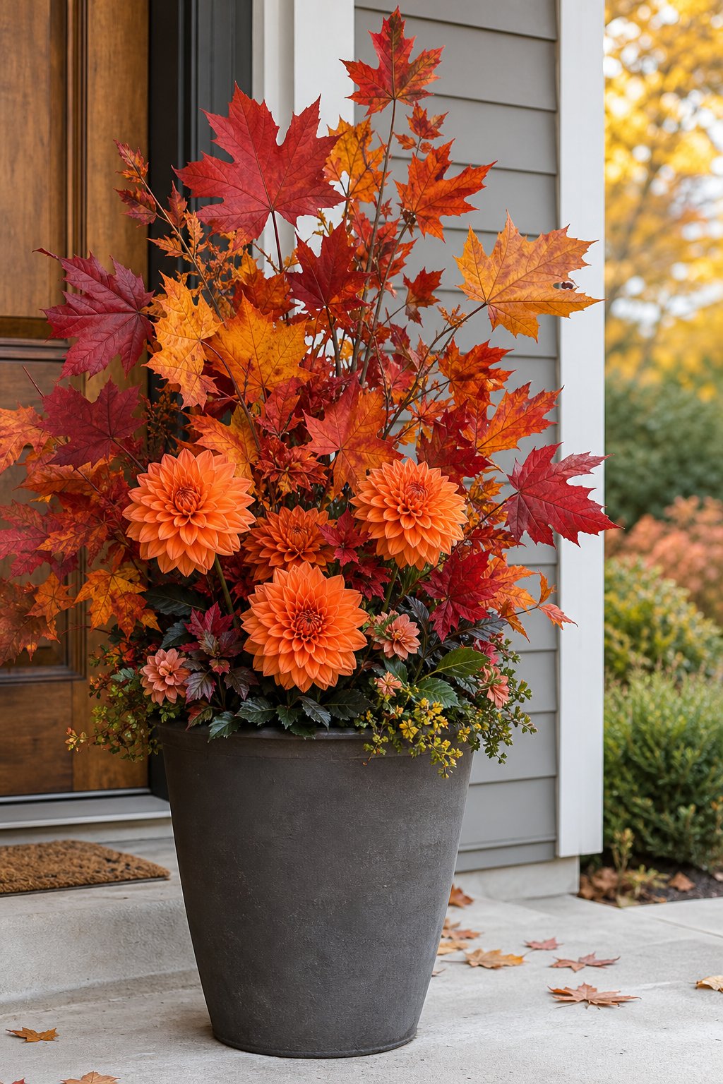 A tall porch planter filled with colorful maple leaves and bright orange dahlias.