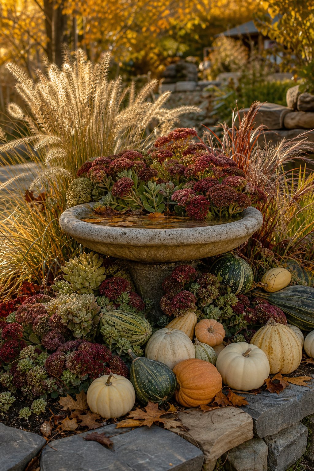 A stone birdbath surrounded by sedum, ornamental grasses, and colorful mini gourds in an autumn garden.