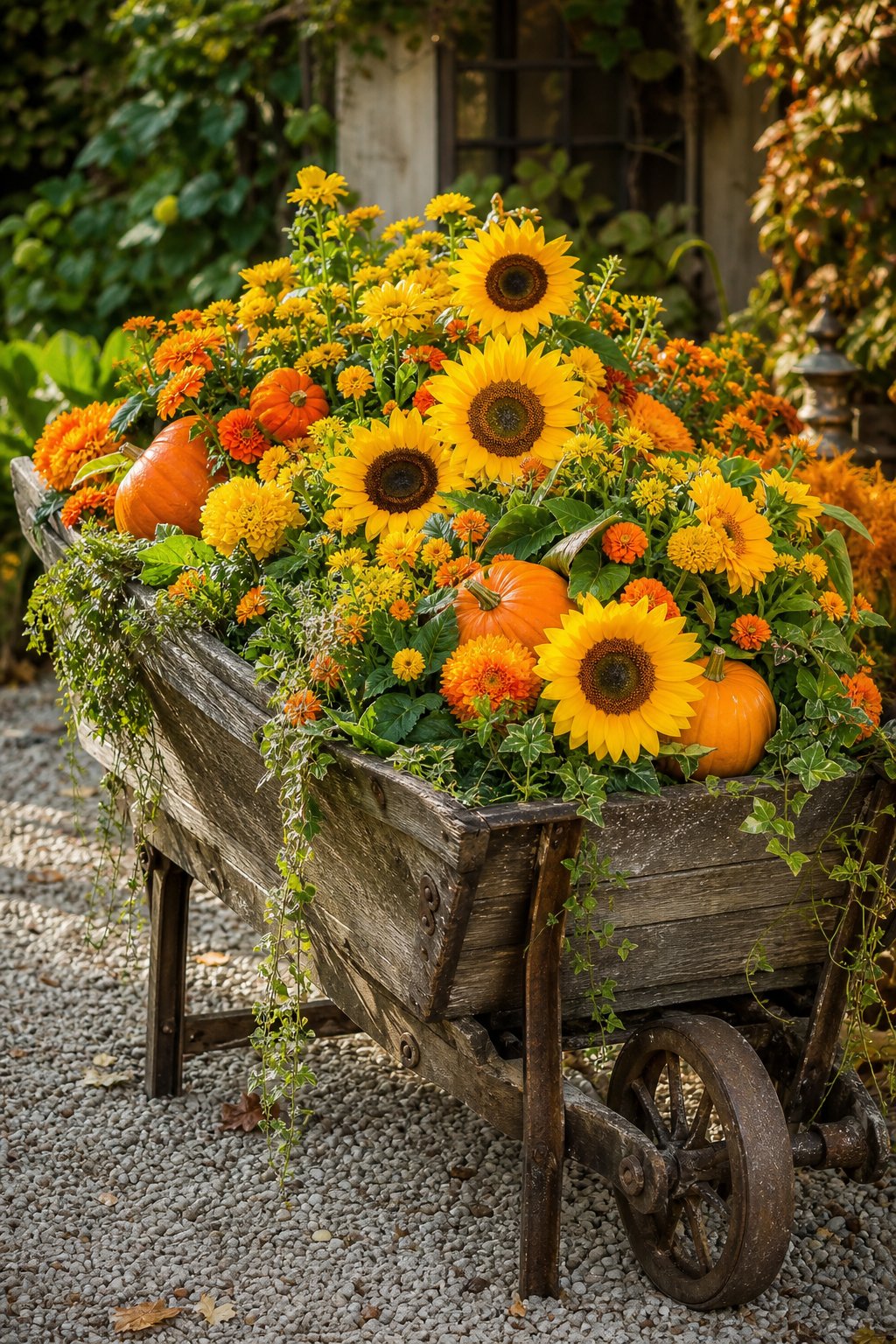 A rustic wheelbarrow filled with sunflowers, marigolds, pumpkins, and green foliage in an autumn garden.
