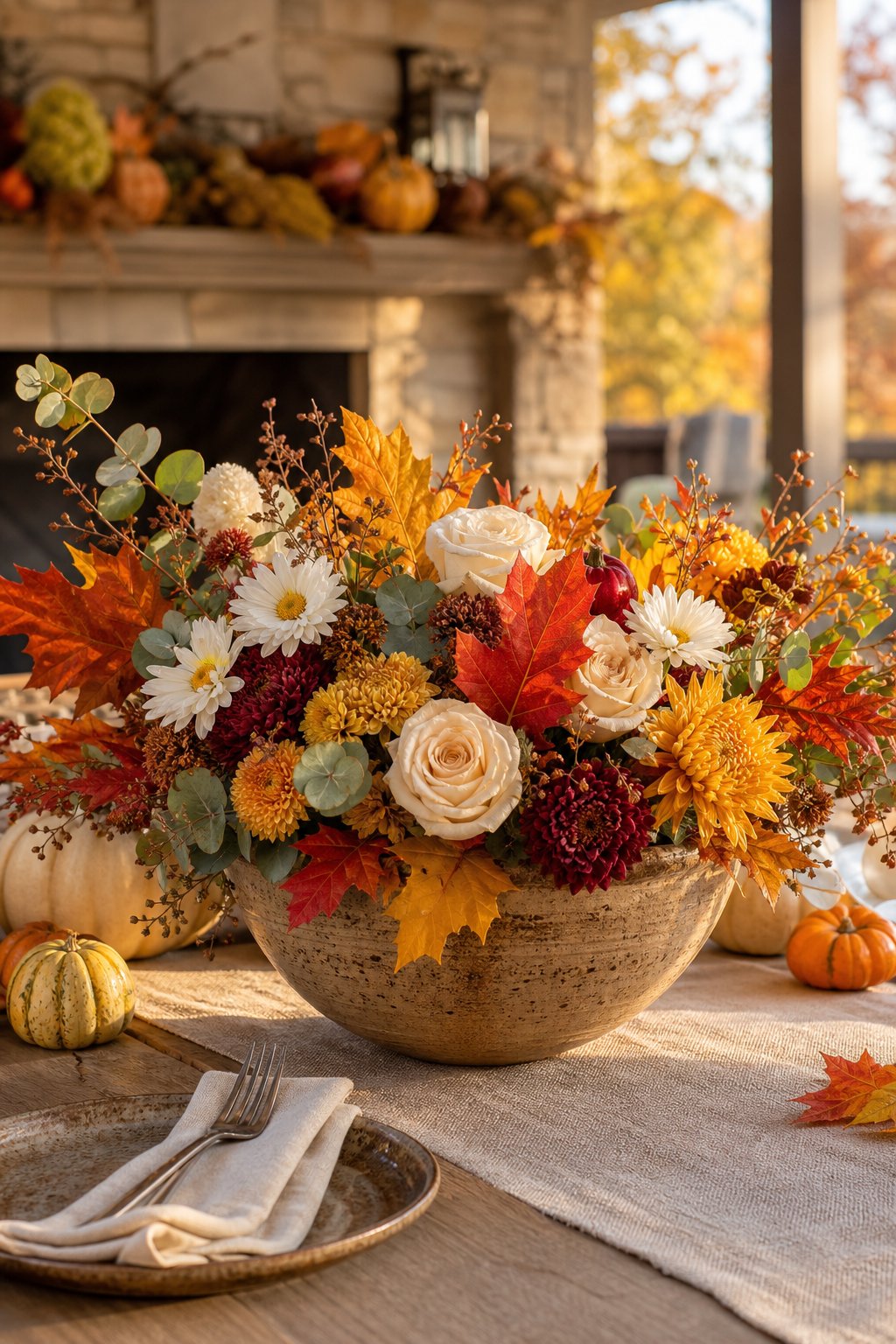 A bowl of roses and daisies surrounded by autumn foliage sits on a Thanksgiving patio table.