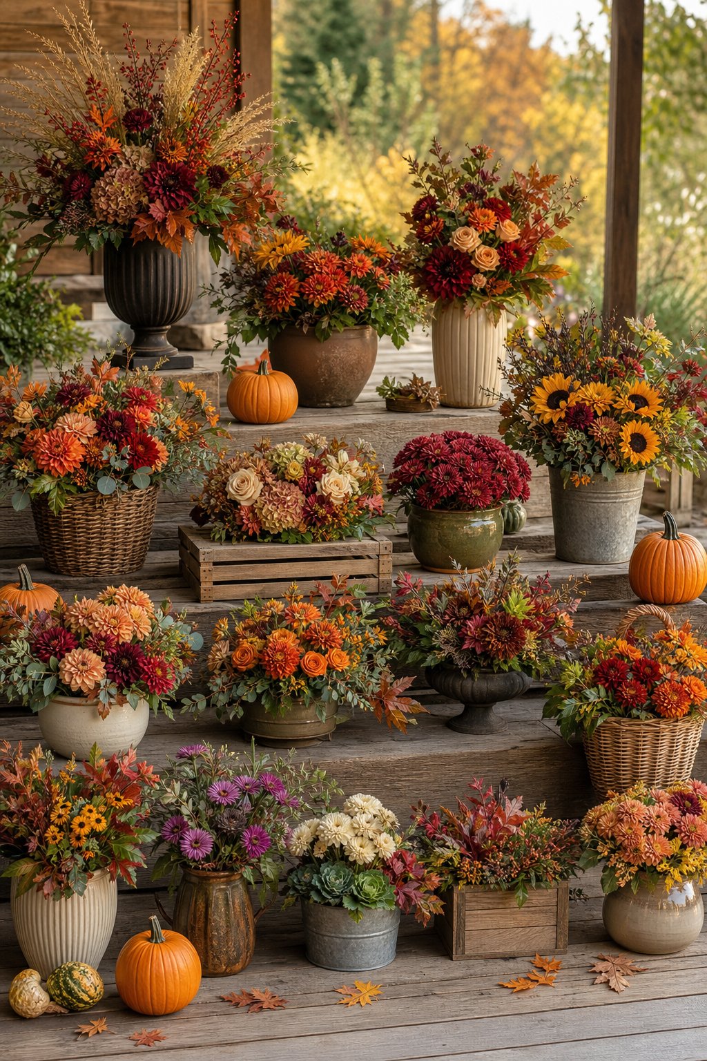 A collection of autumn floral arrangements in pumpkins, baskets, pots, and urns displayed on an outdoor porch.