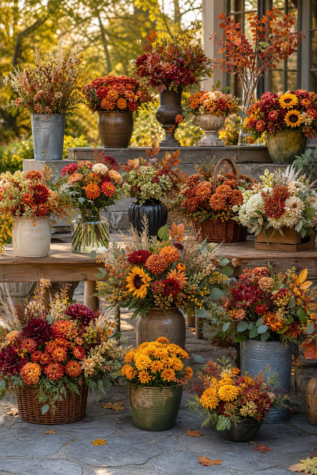 Seventeen autumn floral arrangements displayed outdoors on a patio and garden table.