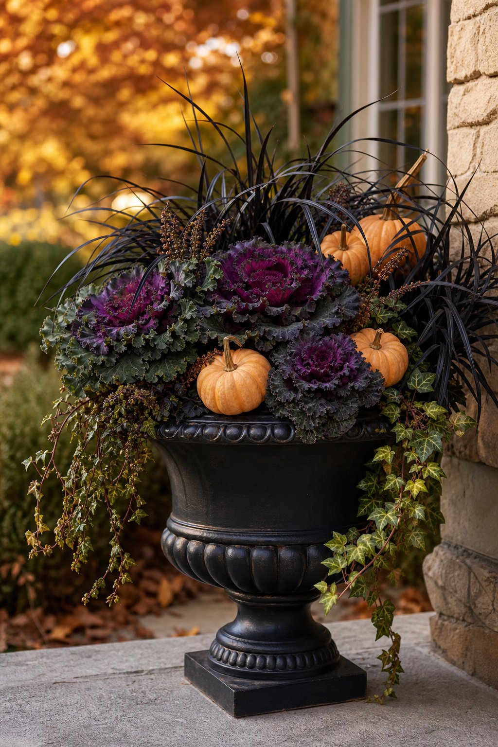 An urn planter filled with black mondo grass, ornamental kale, and small pumpkins.
