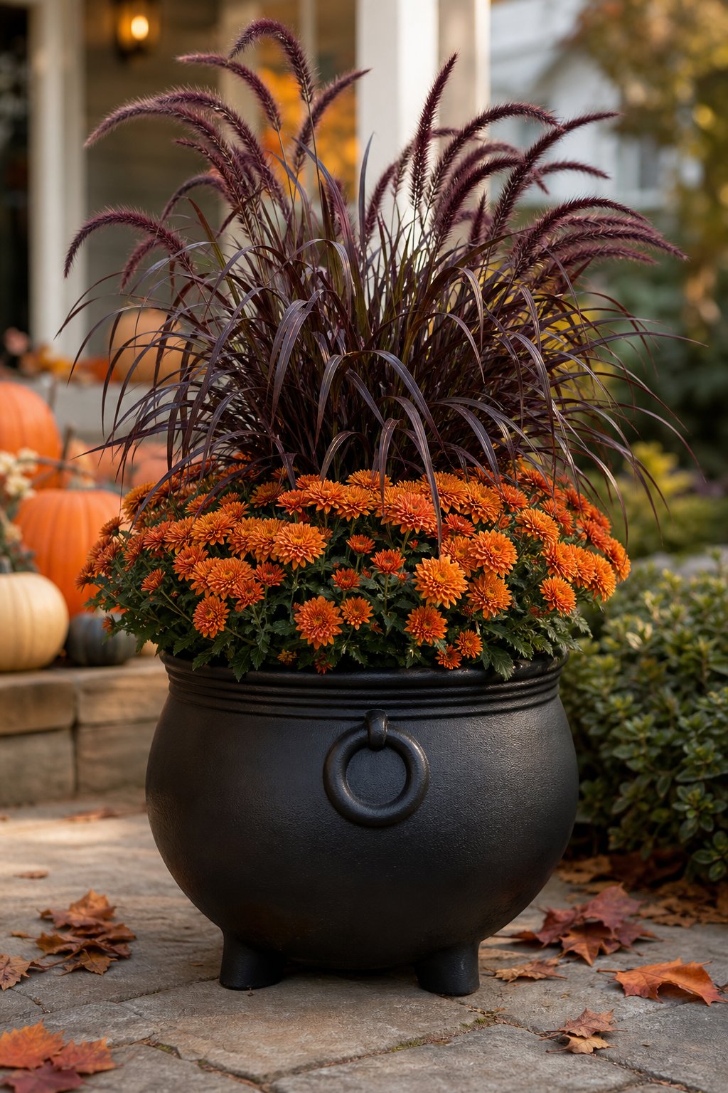 A black witch cauldron planter filled with purple fountain grass and bright orange chrysanthemums.