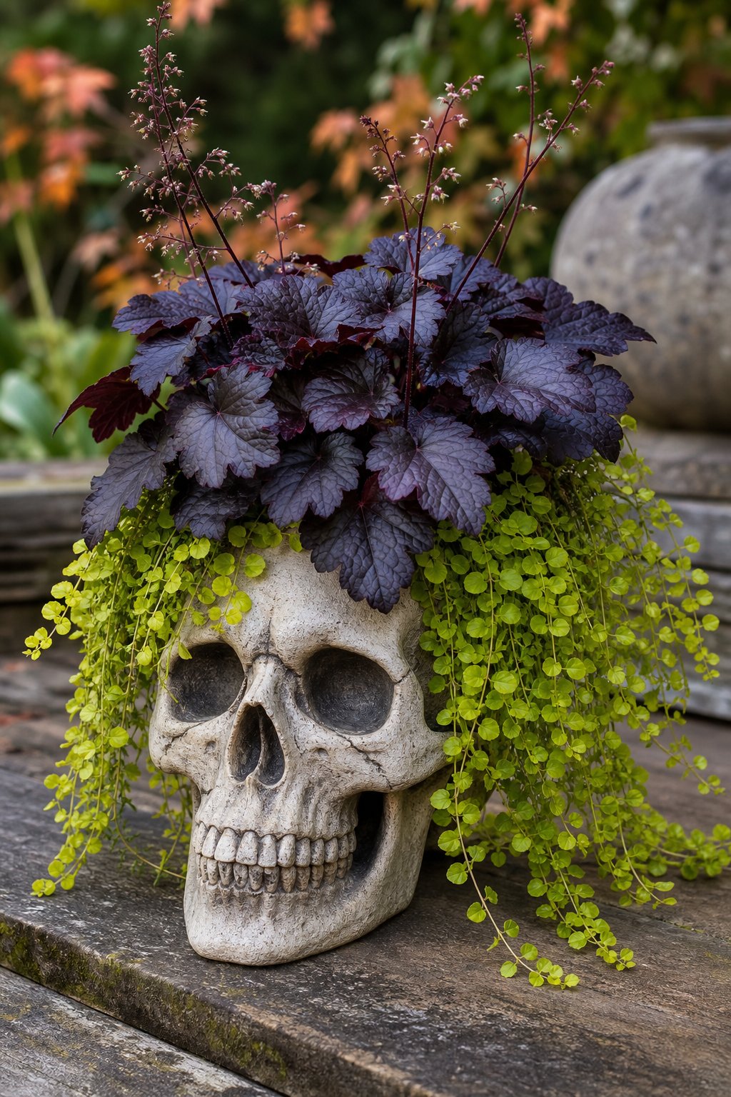 A skull-shaped planter filled with dark burgundy heuchera and trailing bright green creeping jenny.