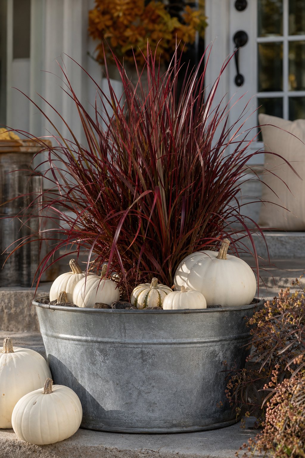 A galvanized tub planter filled with burgundy ornamental grass and surrounded by white pumpkins.