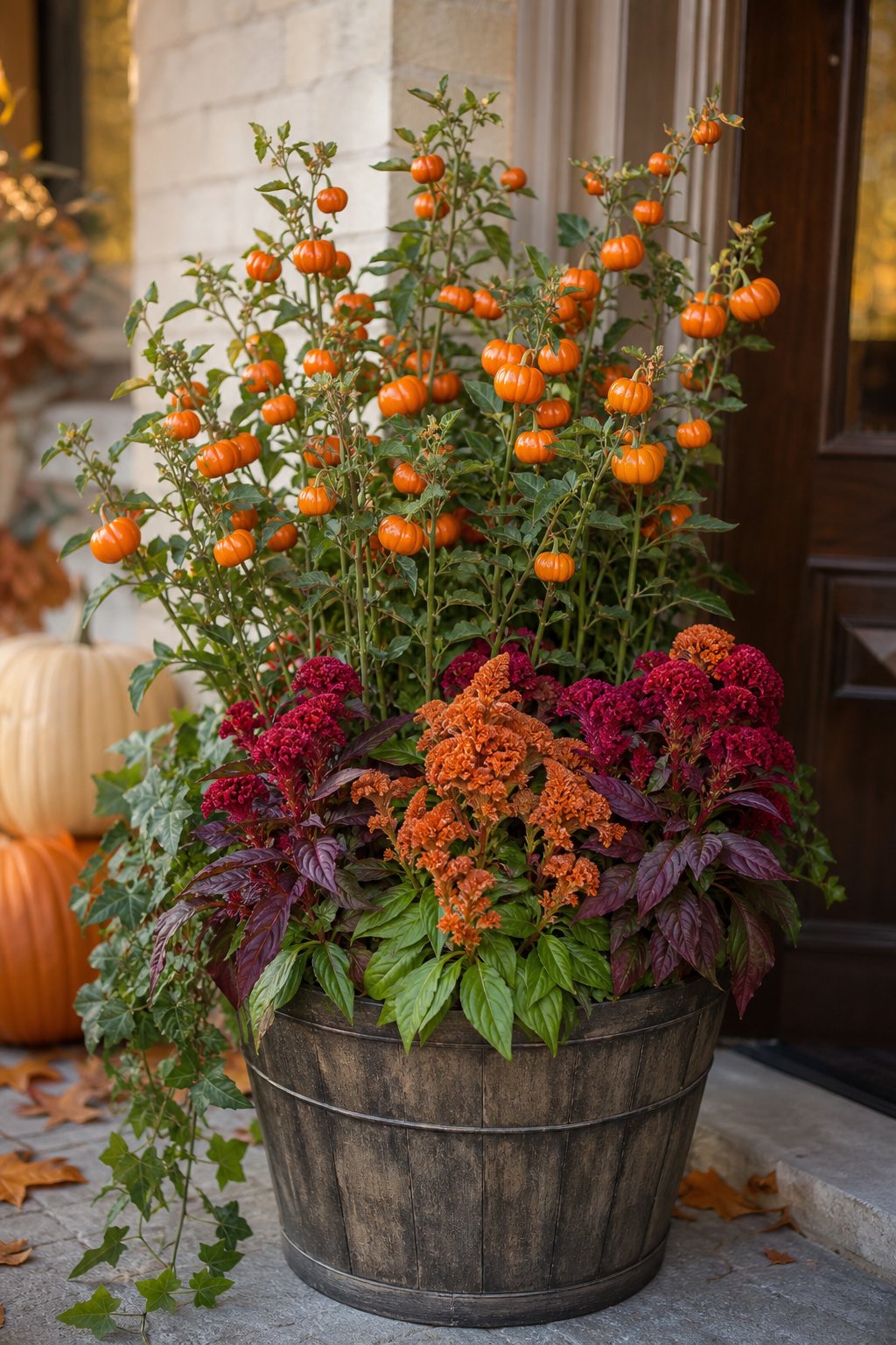 A porch planter filled with pumpkin-on-a-stick plants and burgundy cockscomb celosia flowers.