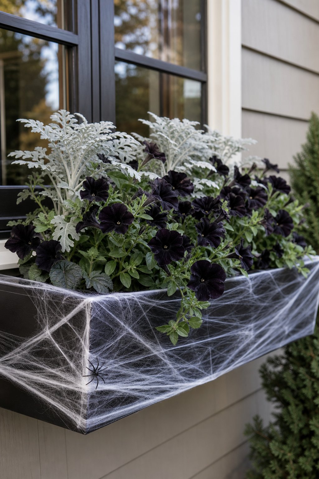 A window box filled with dusty miller and black petunias, decorated with a white spiderweb and small spider.