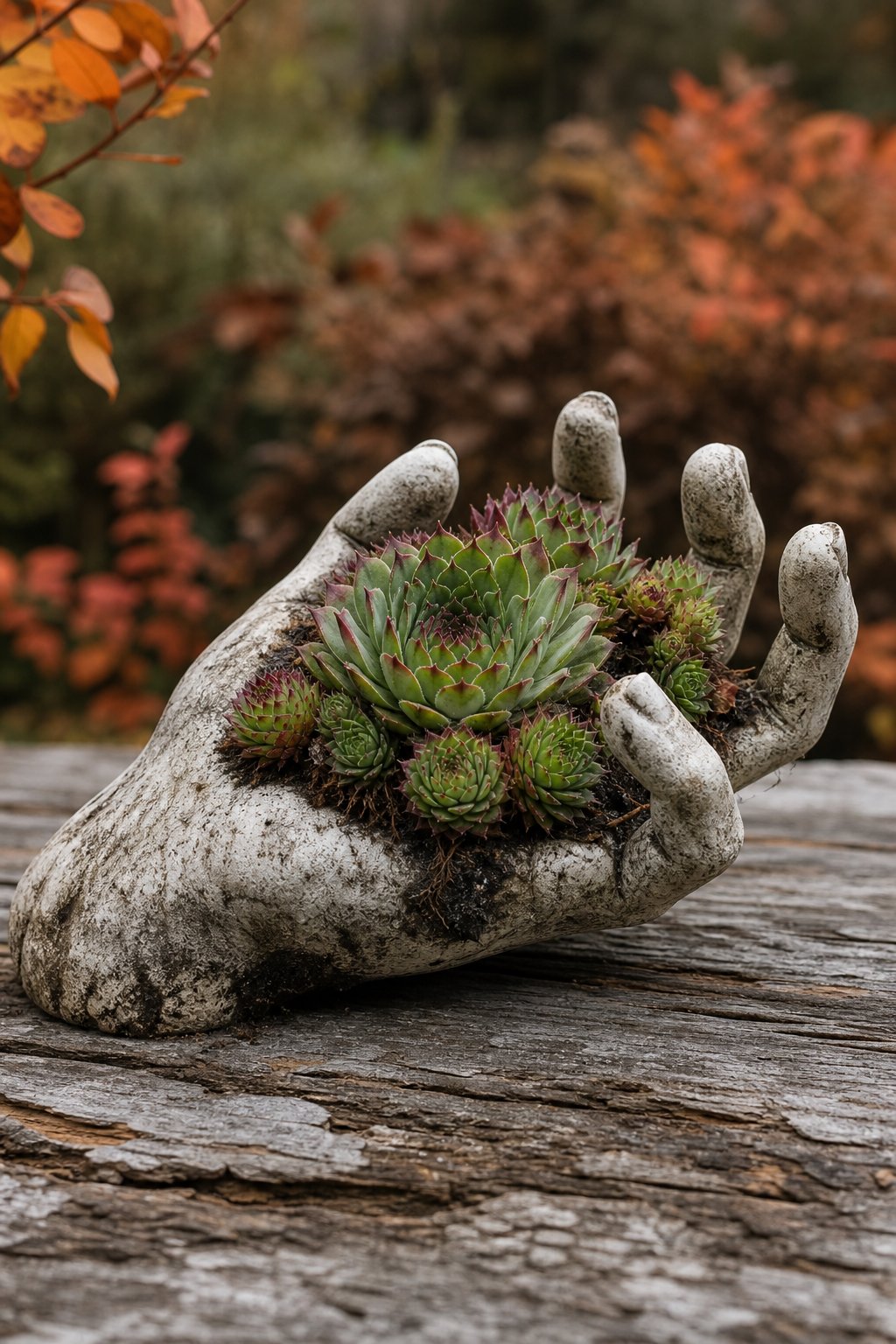 A zombie hand-shaped planter filled with green hens-and-chicks succulents sits on a rustic table in an autumn garden.
