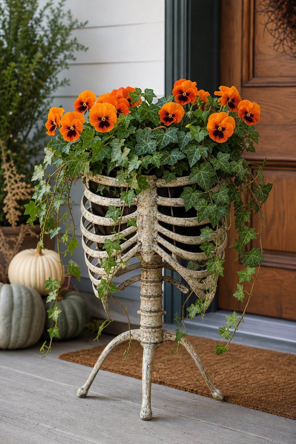 A ribcage-shaped planter stand filled with trailing ivy and bright orange pansies on a porch.