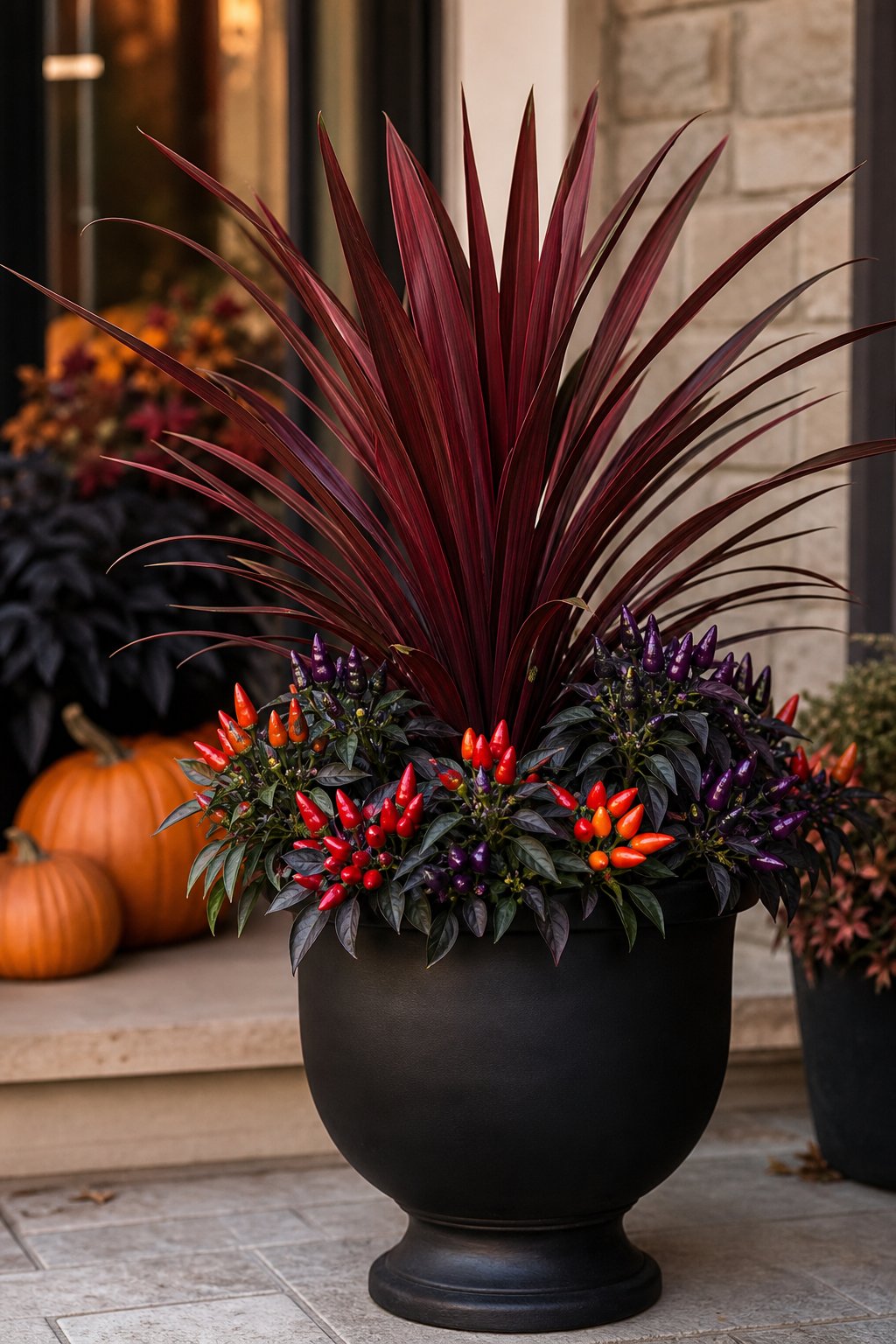 A black ceramic urn filled with red-leaved Cordyline and colorful ornamental peppers sits on a porch.