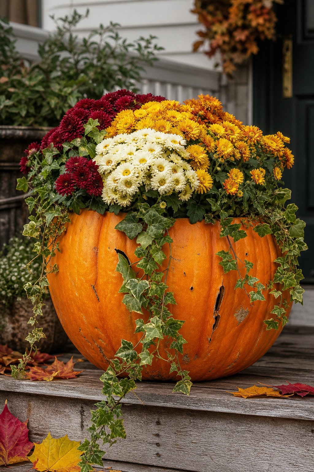 A carved orange pumpkin filled with chrysanthemums and trailing ivy sits on a porch step.