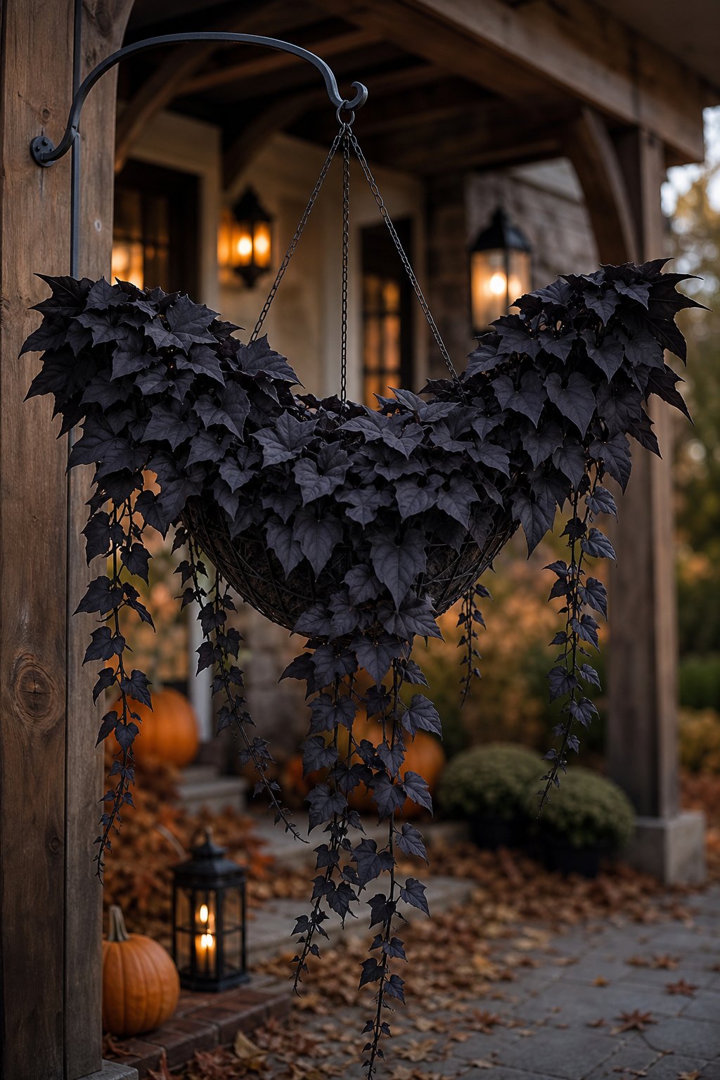 A bat-shaped hanging basket filled with cascading dark purple sweet potato vine on a softly decorated autumn porch.
