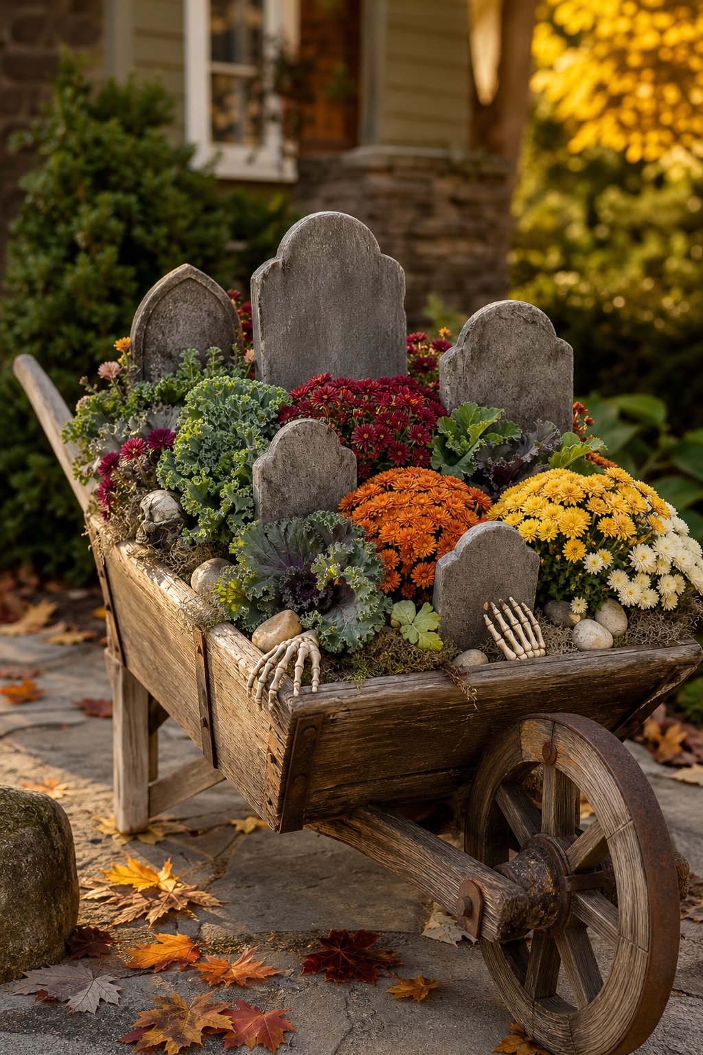 A rustic wheelbarrow filled with kale and colorful chrysanthemums, decorated with small tombstones in an autumn garden.