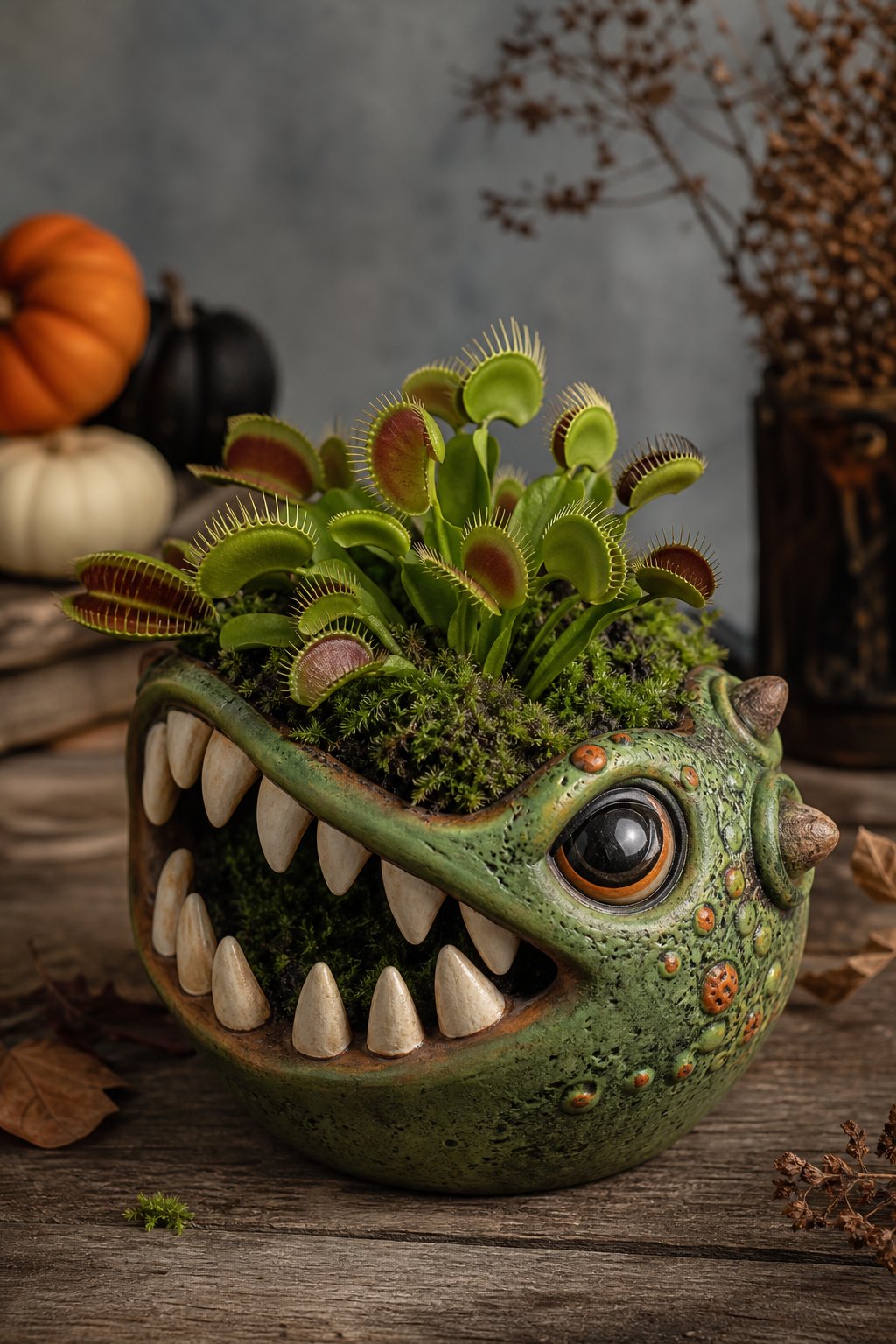 A monster-mouth planter filled with Venus flytraps and green moss.