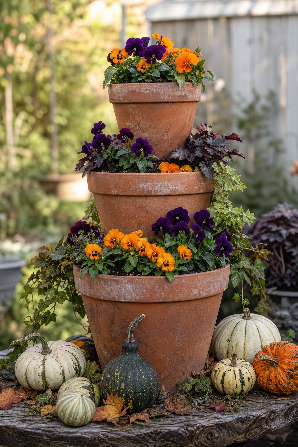 A stacked tower of terra-cotta pots filled with purple and orange pansies, surrounded by small decorative gourds.