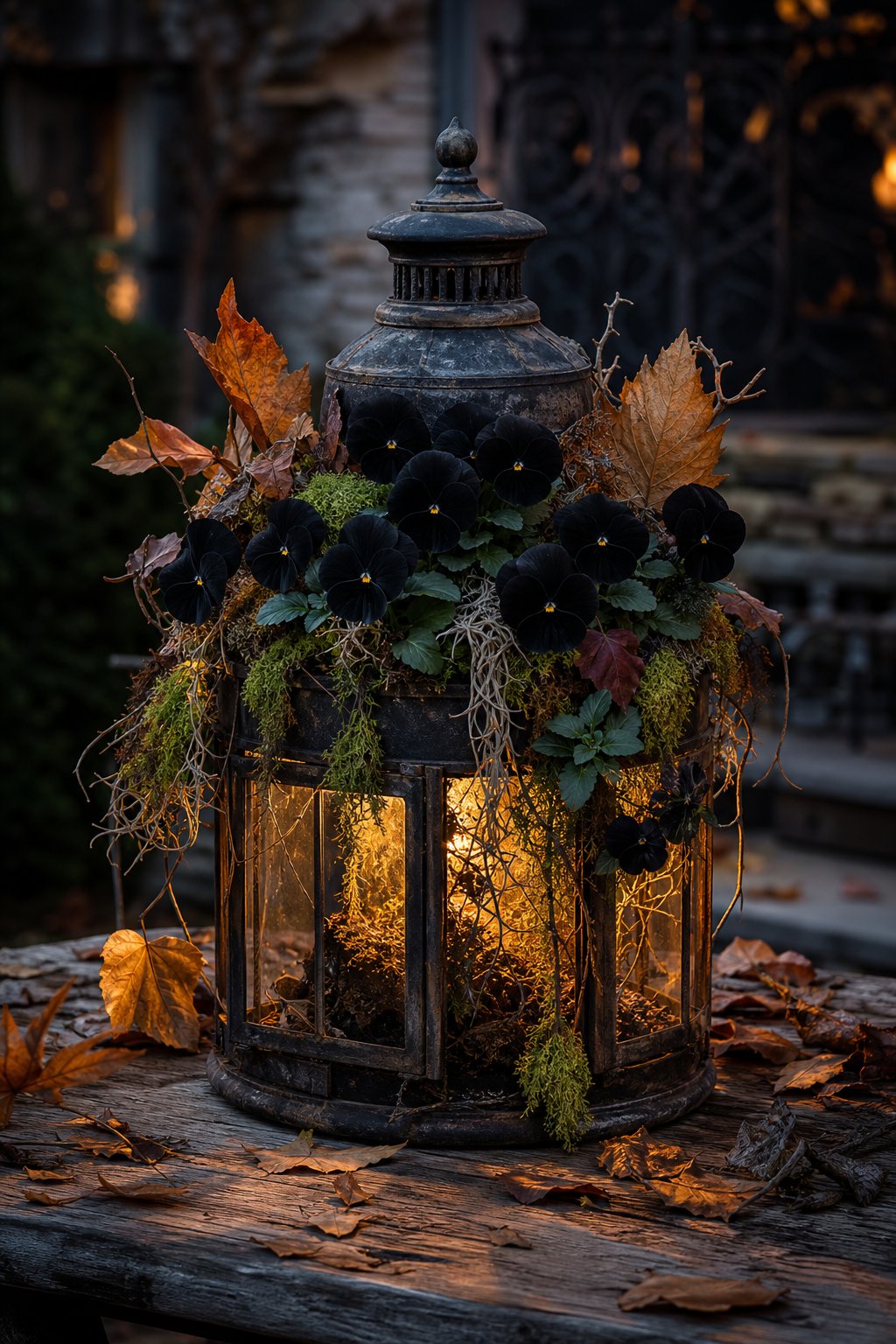 A weathered lantern planter holds black pansies and green moss on a rustic outdoor surface.