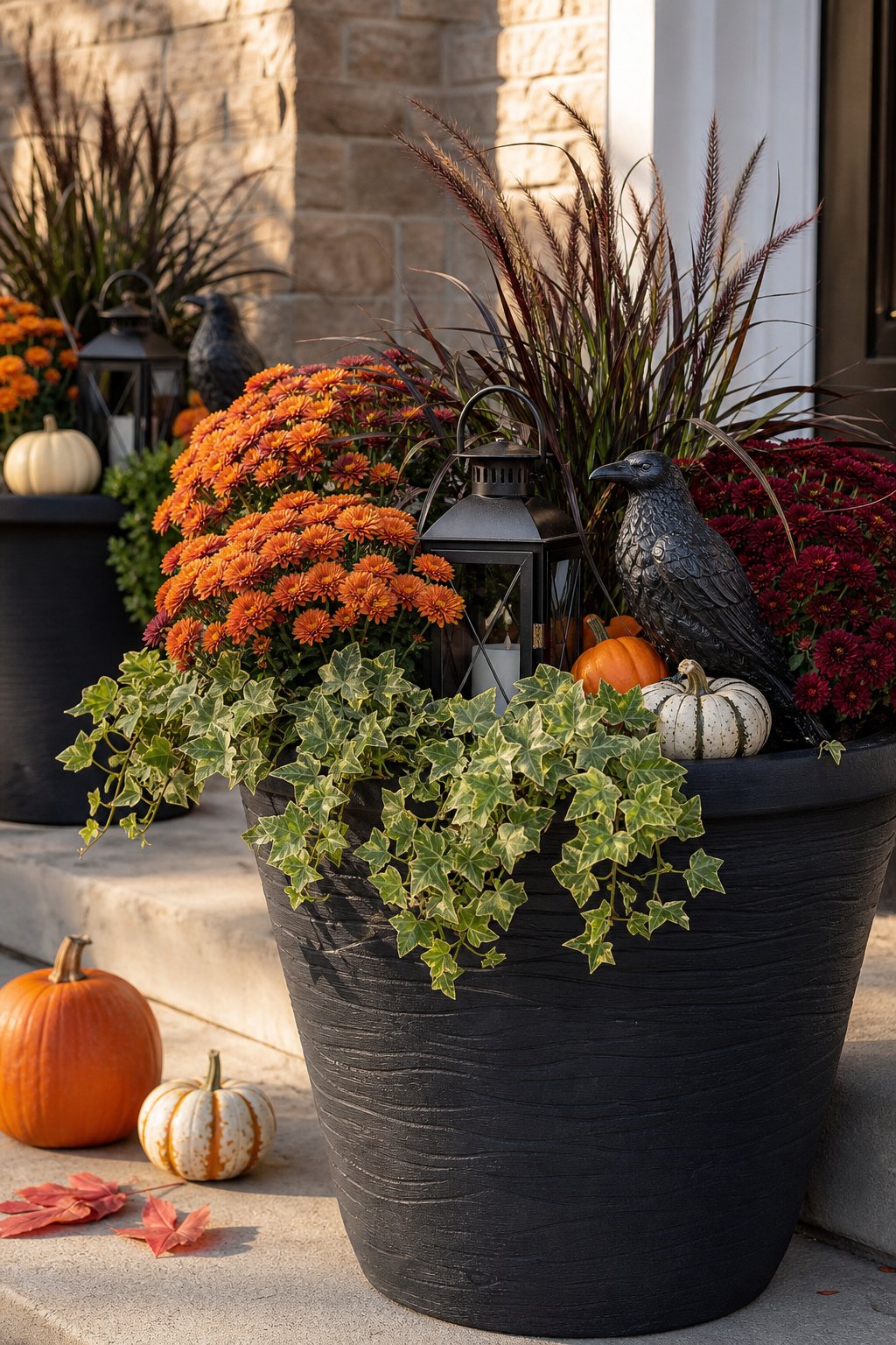 A decorated Halloween planter filled with autumn flowers, greenery, pumpkins, and subtle seasonal accents sits on a front porch.