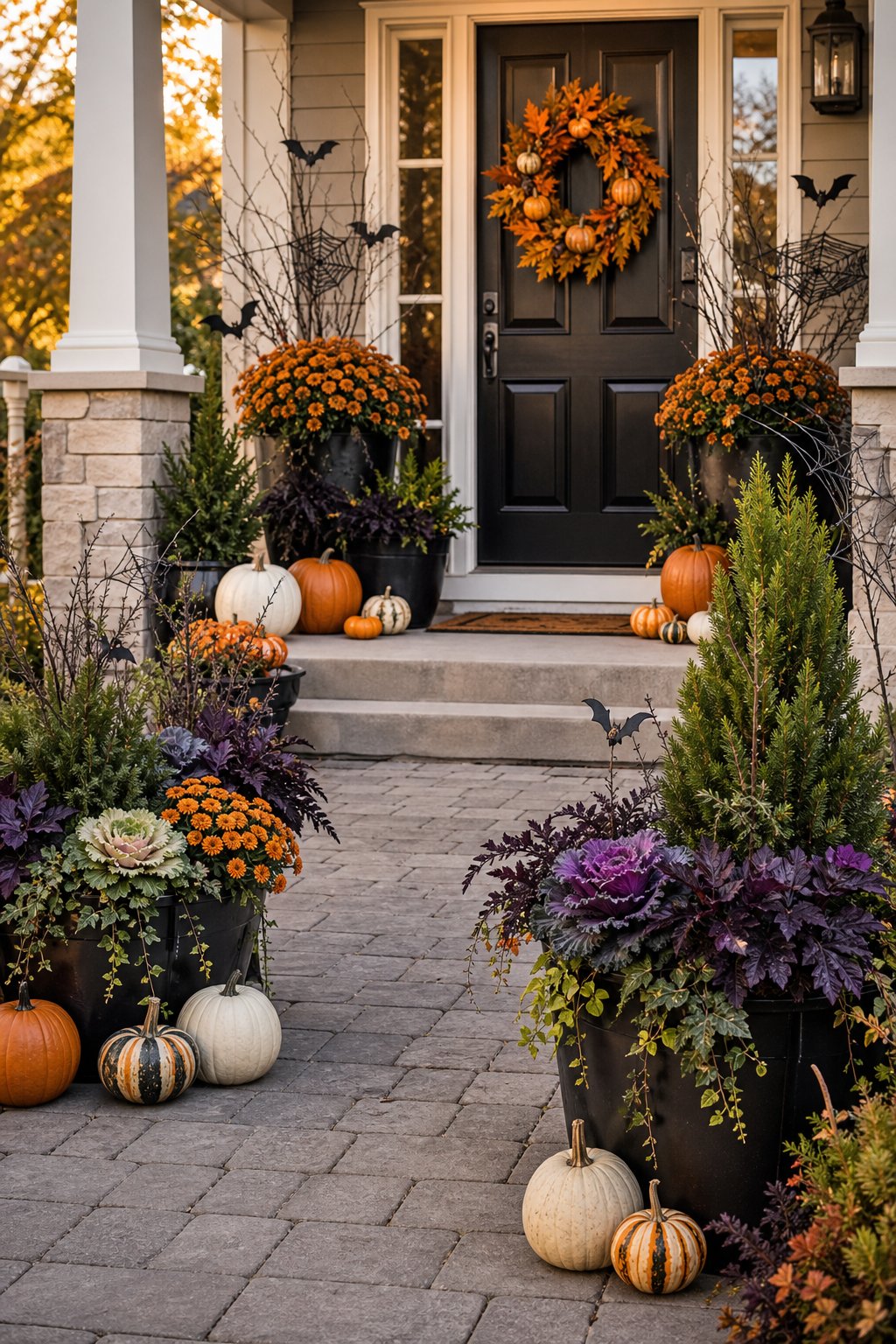 A decorated front porch with Halloween planters arranged along the entrance, steps, and walkway.