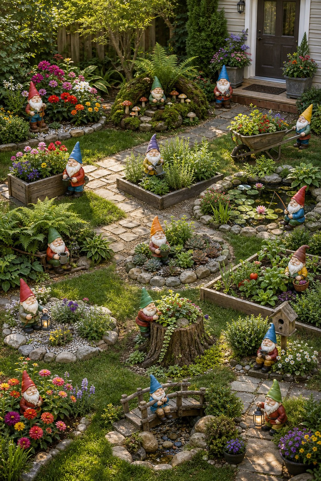 A landscaped backyard garden featuring colorful gnomes arranged in sixteen different decorative garden displays.