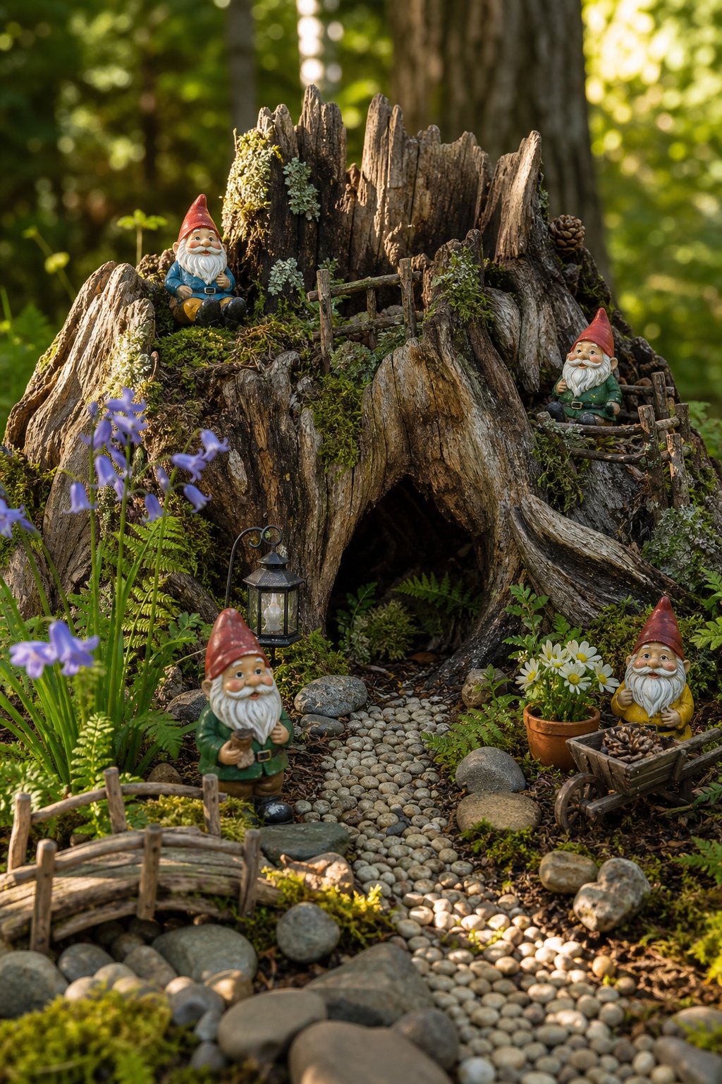 A whimsical gnome garden surrounds a moss-covered hollow tree stump in a woodland setting.
