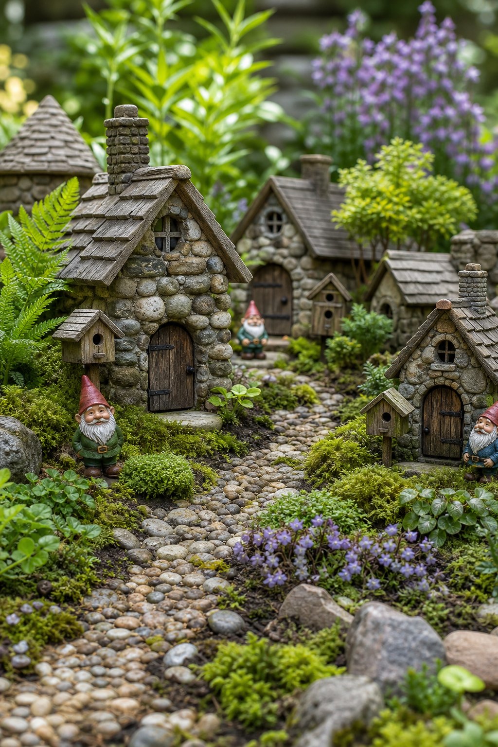 A miniature cobblestone gnome village with birdhouse cottages connected by pebble paths in a lush garden.