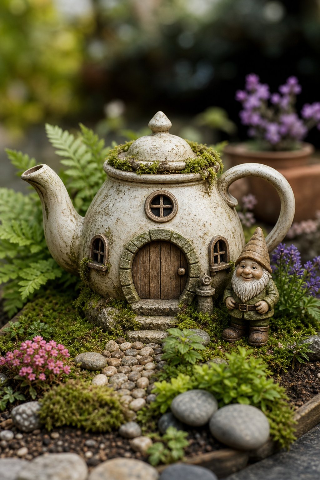 A small garden gnome stands beside a vintage teapot transformed into a miniature garden house.