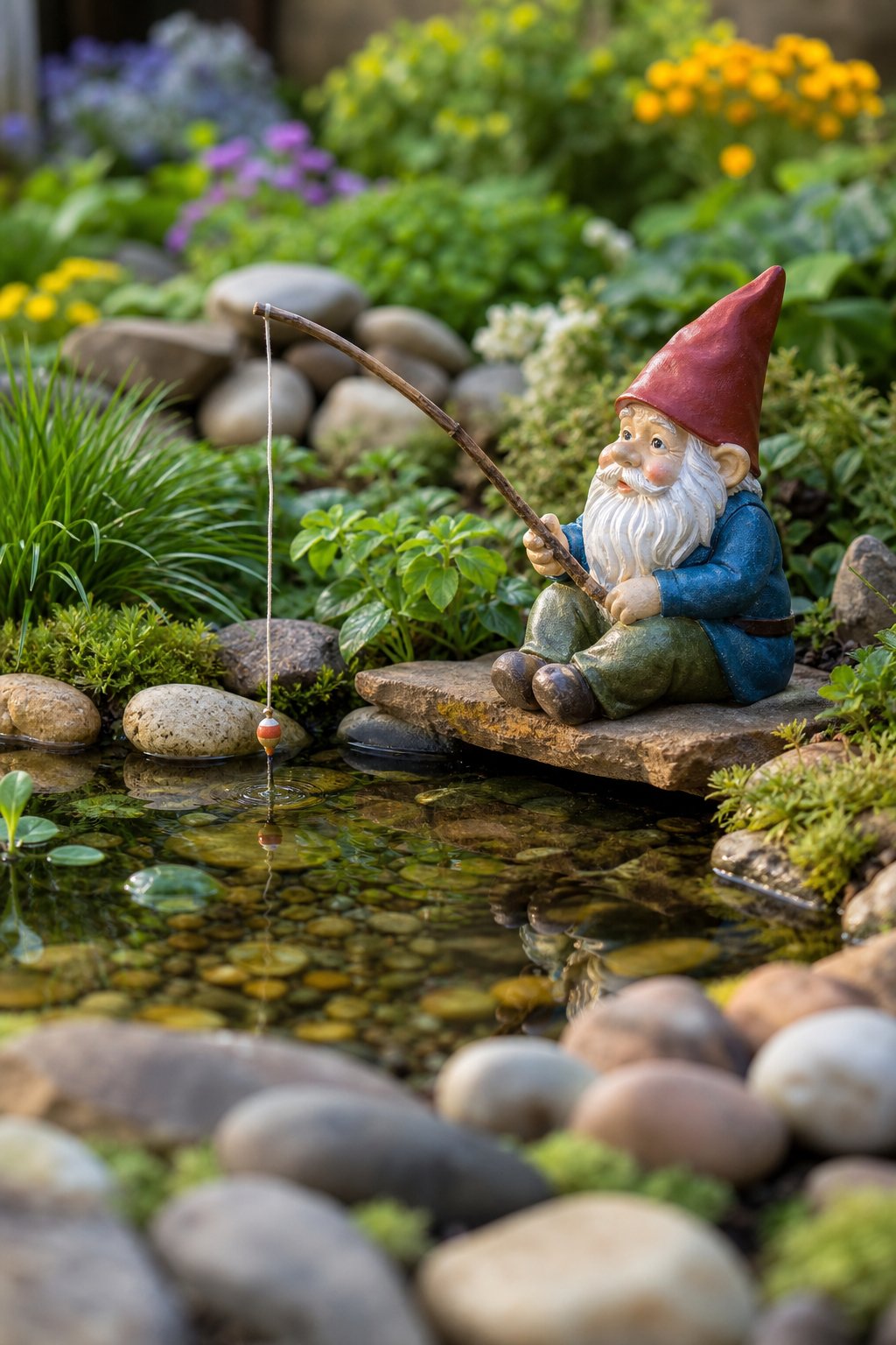 A small fishing gnome sits beside a miniature pond surrounded by smooth river rocks and garden plants.