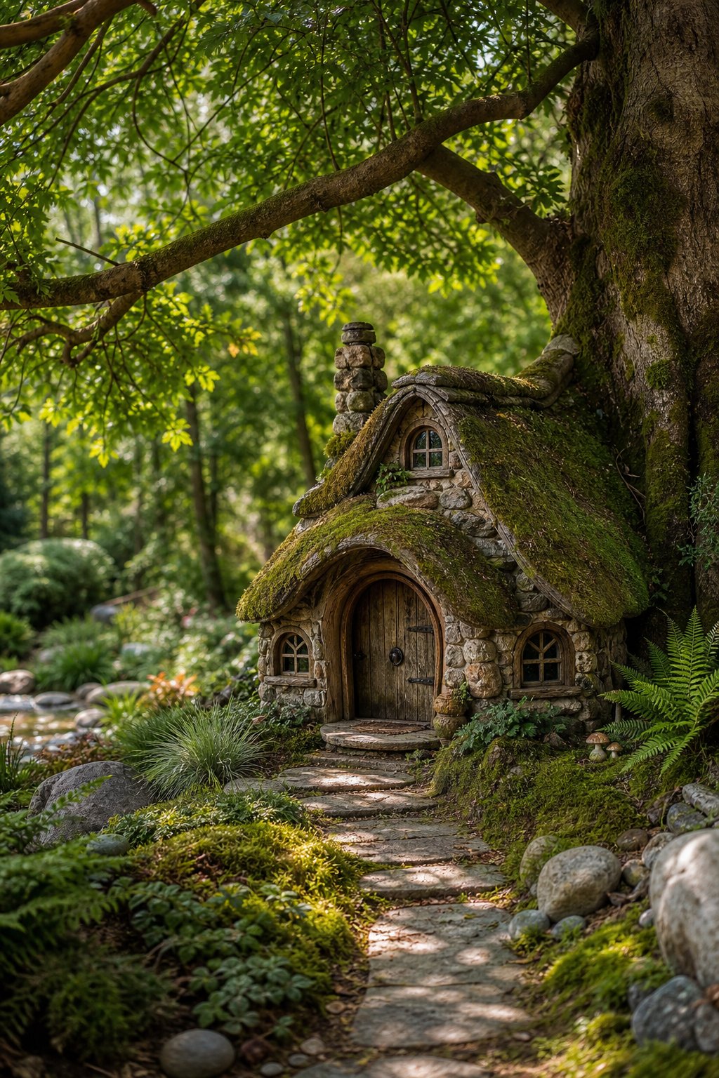 A moss-covered miniature cottage beneath a leafy shade tree in a lush garden.