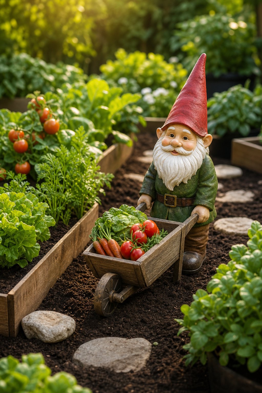 A garden gnome stands beside a tiny wheelbarrow among rows of vegetables.