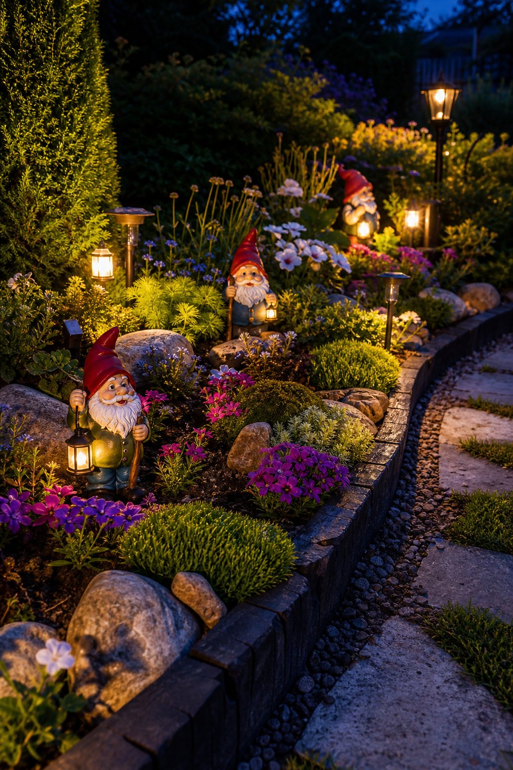 A flower-filled garden border with whimsical gnomes and glowing solar lights.