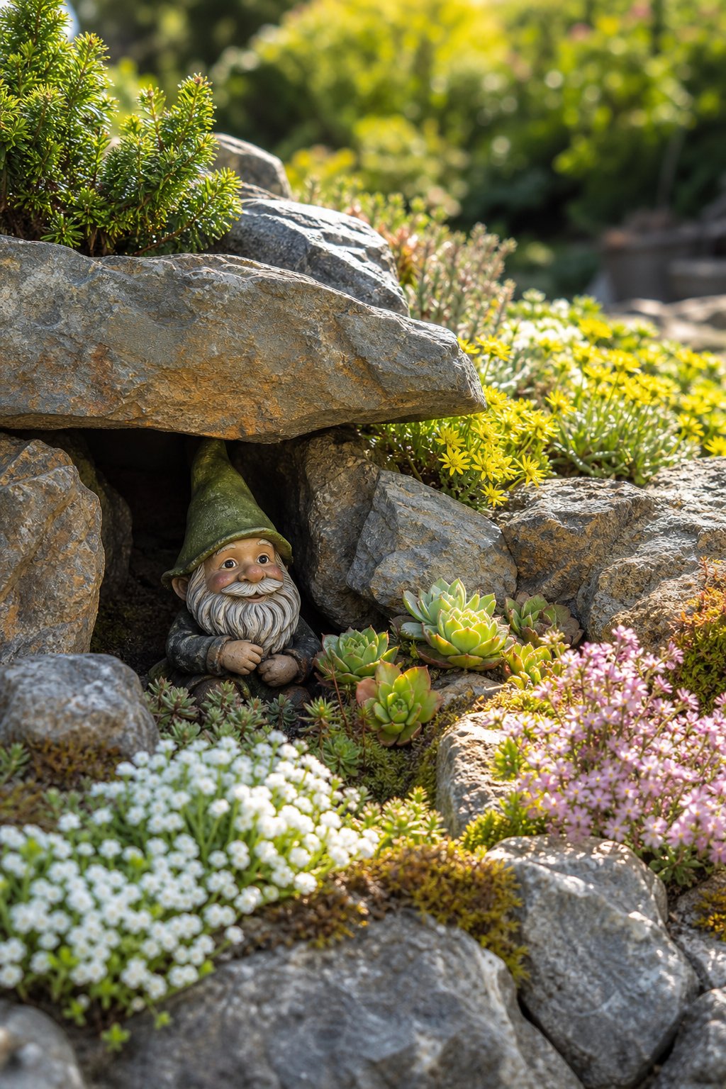 A garden gnome sits among alpine plants and weathered rocks in a small garden hideaway.