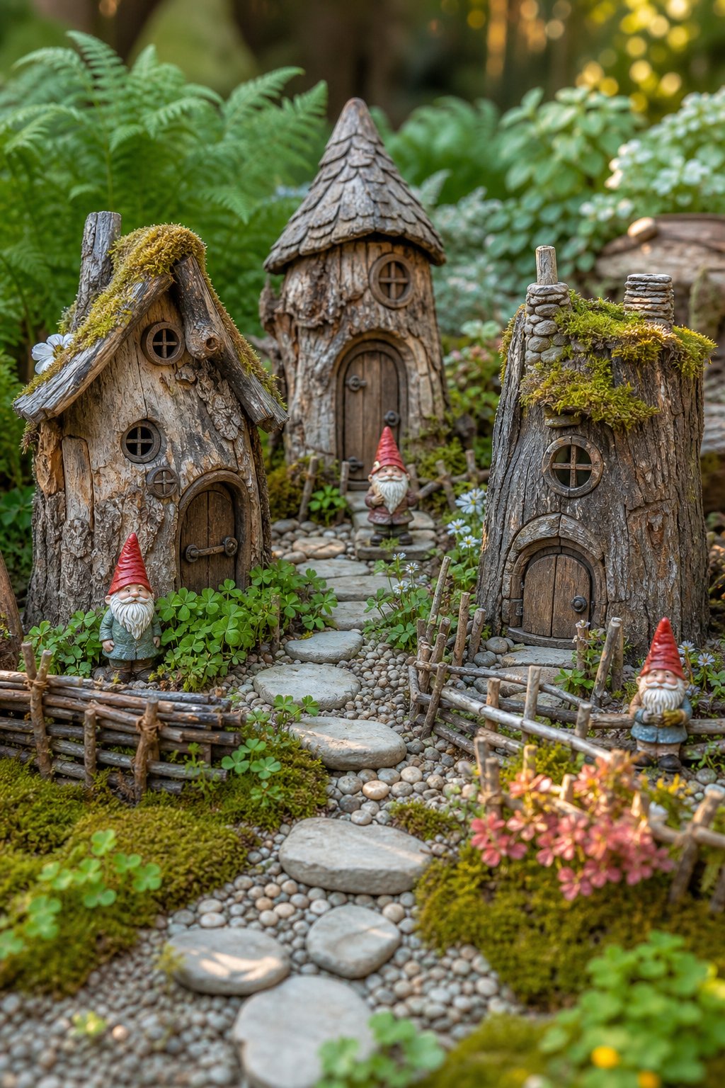 A miniature gnome village of weathered log cottages surrounded by twig fences, moss, and garden plants.