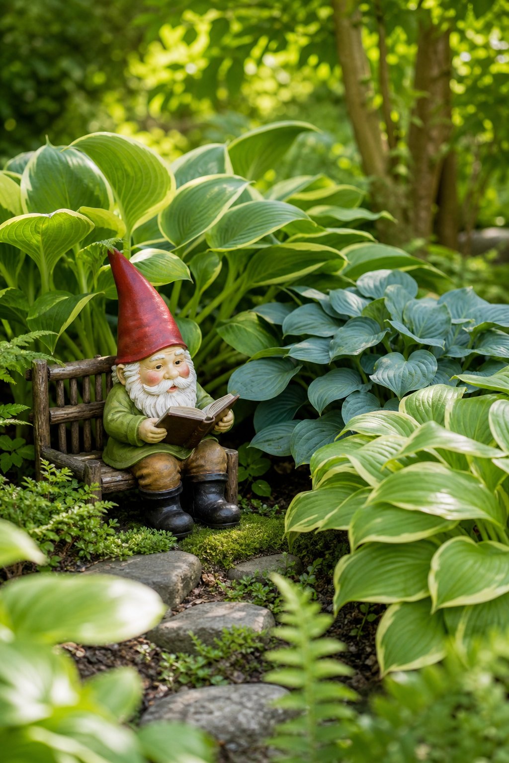 A garden gnome reading an open book from a small seat among lush hosta plants.