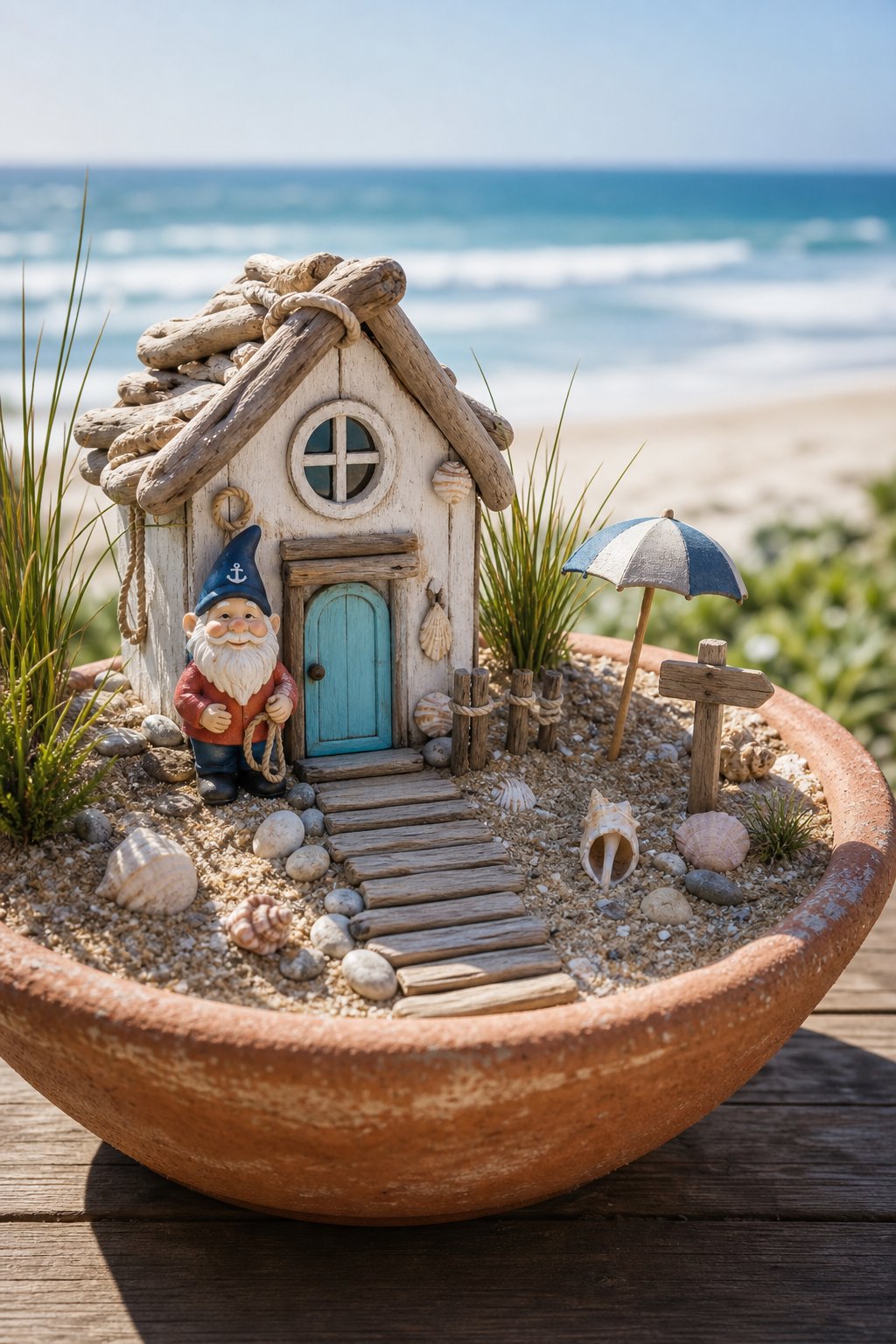 A garden gnome stands beside a tiny beach cottage in a sand-filled planter near the ocean.