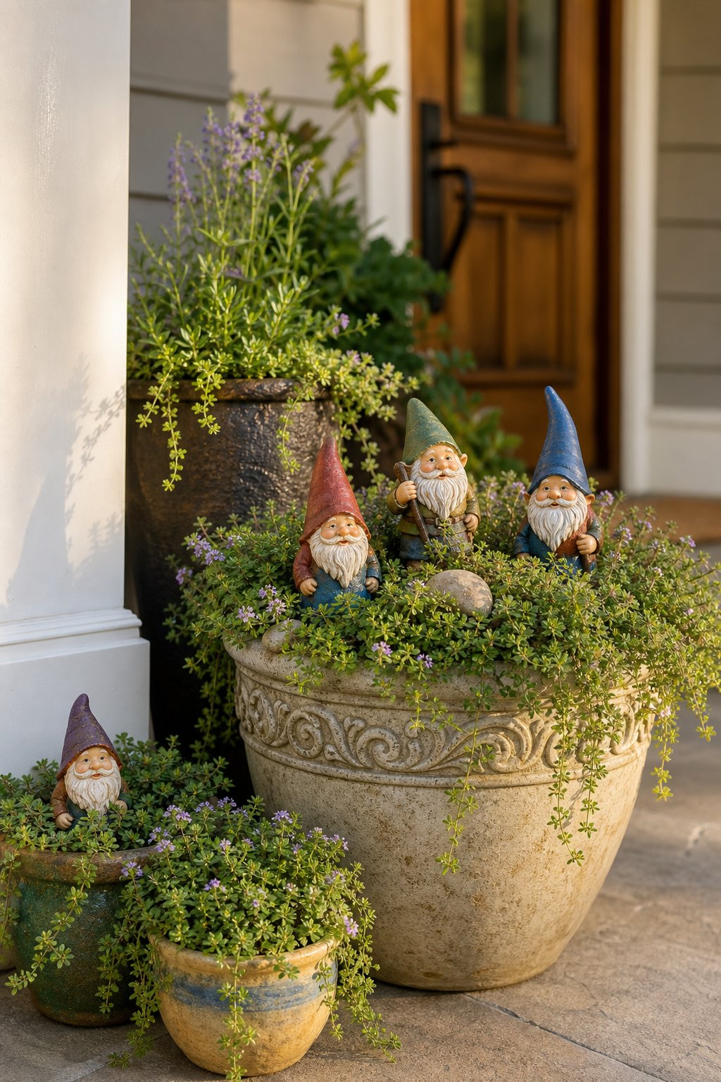 Gnome figurines nestled among creeping thyme in containers on a front porch.