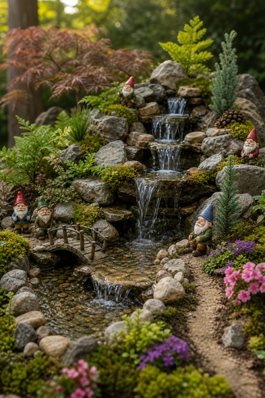 A miniature garden with gnome figurines, a small stone waterfall, and a recirculating fountain surrounded by plants and mossy rocks.