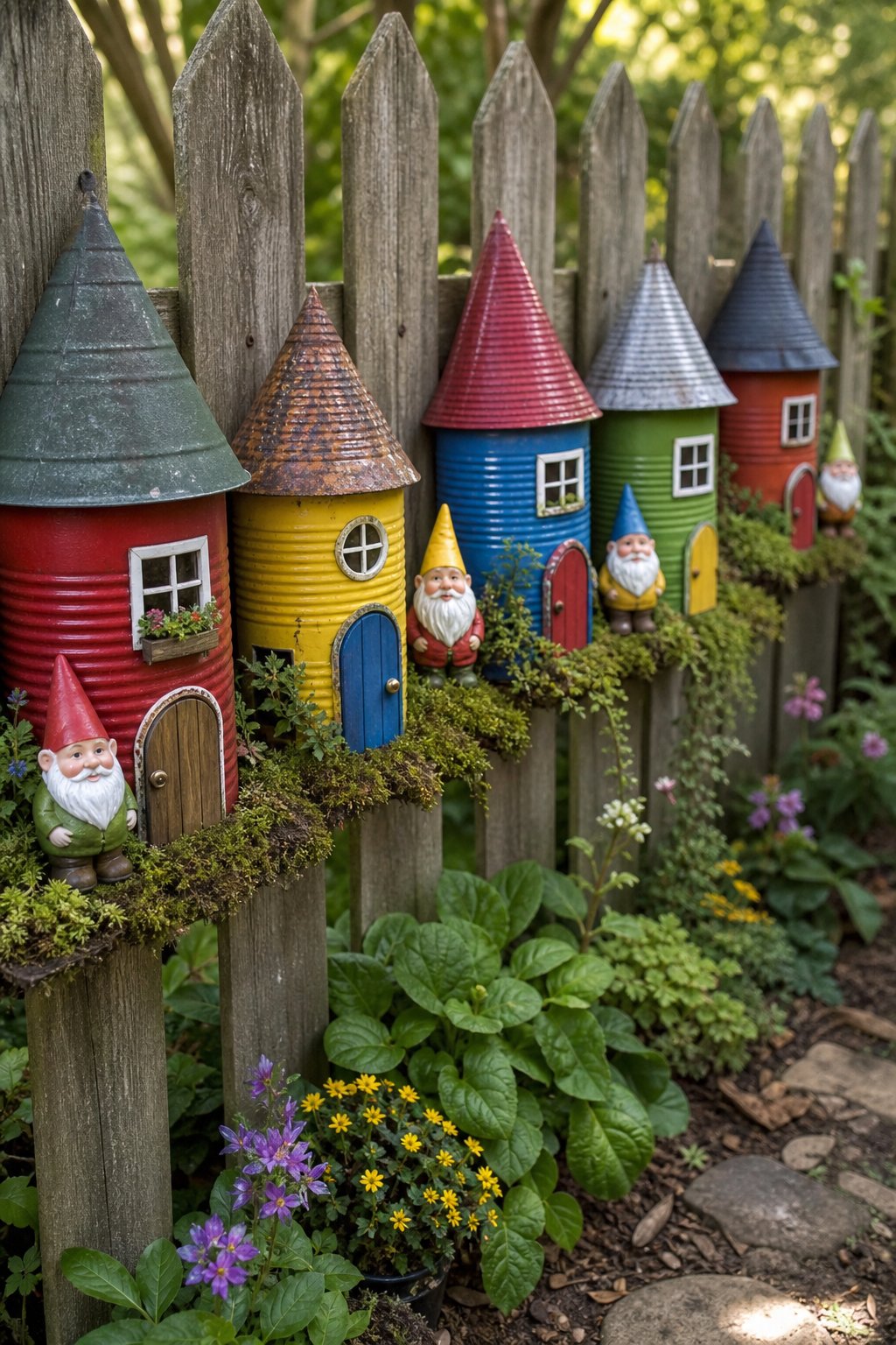 Painted tin-can gnome homes decorate a garden fence among flowers and greenery.